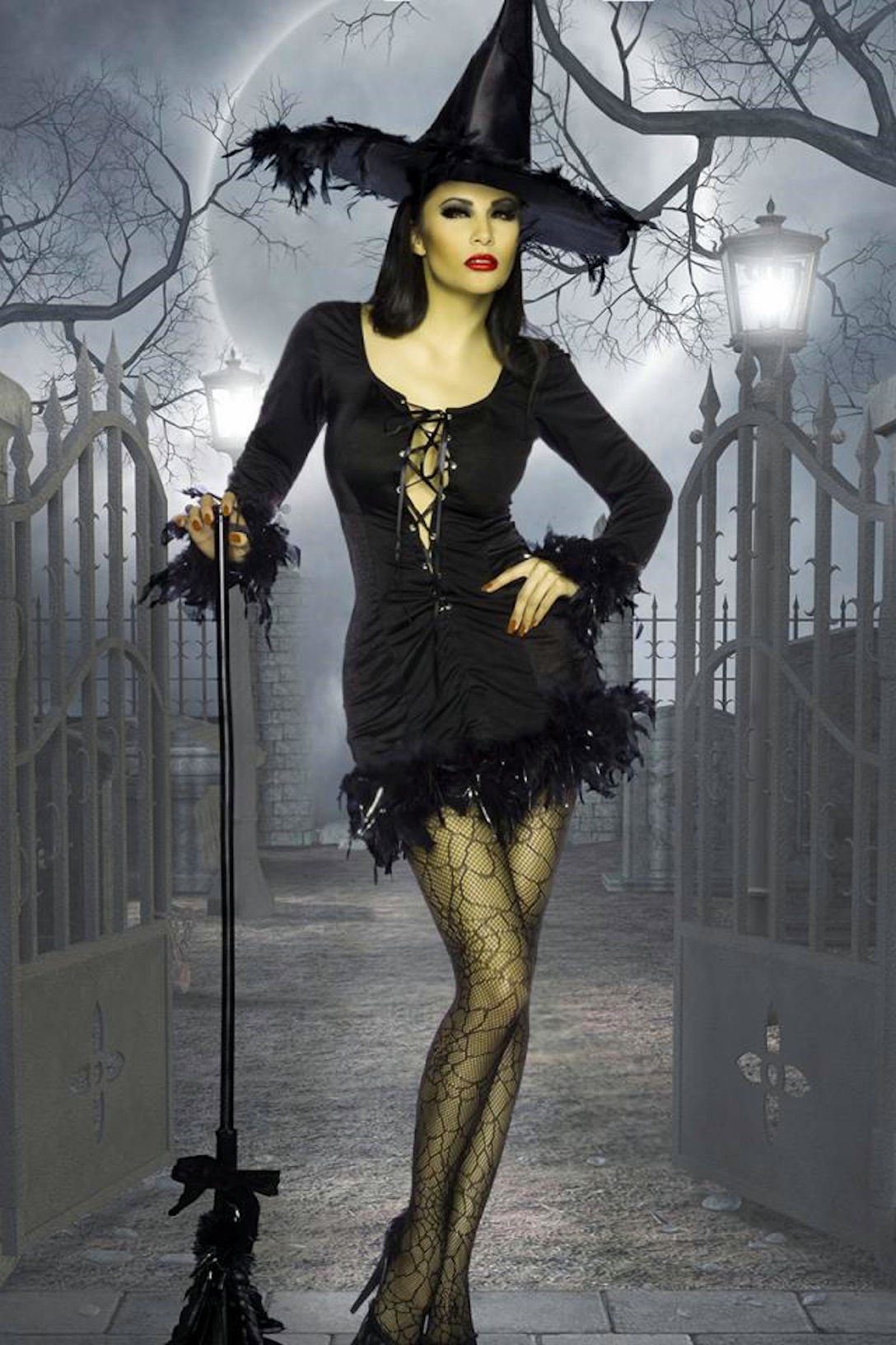 Atixo Hexen-Kostüm 3-tlg. Hexen-Kostüm : Minikleid Hexenhut, Strümpfe Karneval Halloween