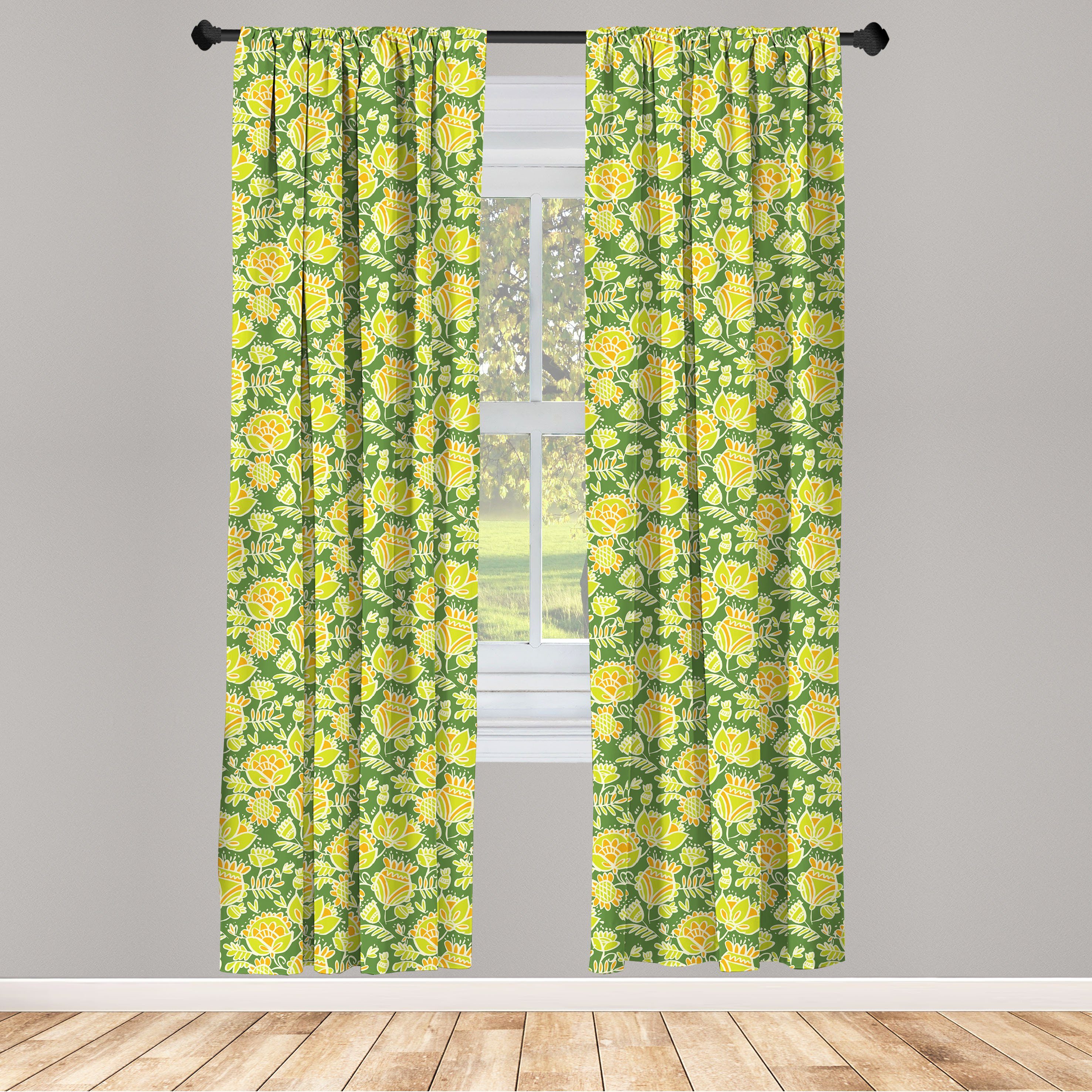 Gardine Vorhang für Wohnzimmer Schlafzimmer Dekor, Abakuhaus, Microfaser, Blumen Tropische Blumen-Gekritzel-Kunst