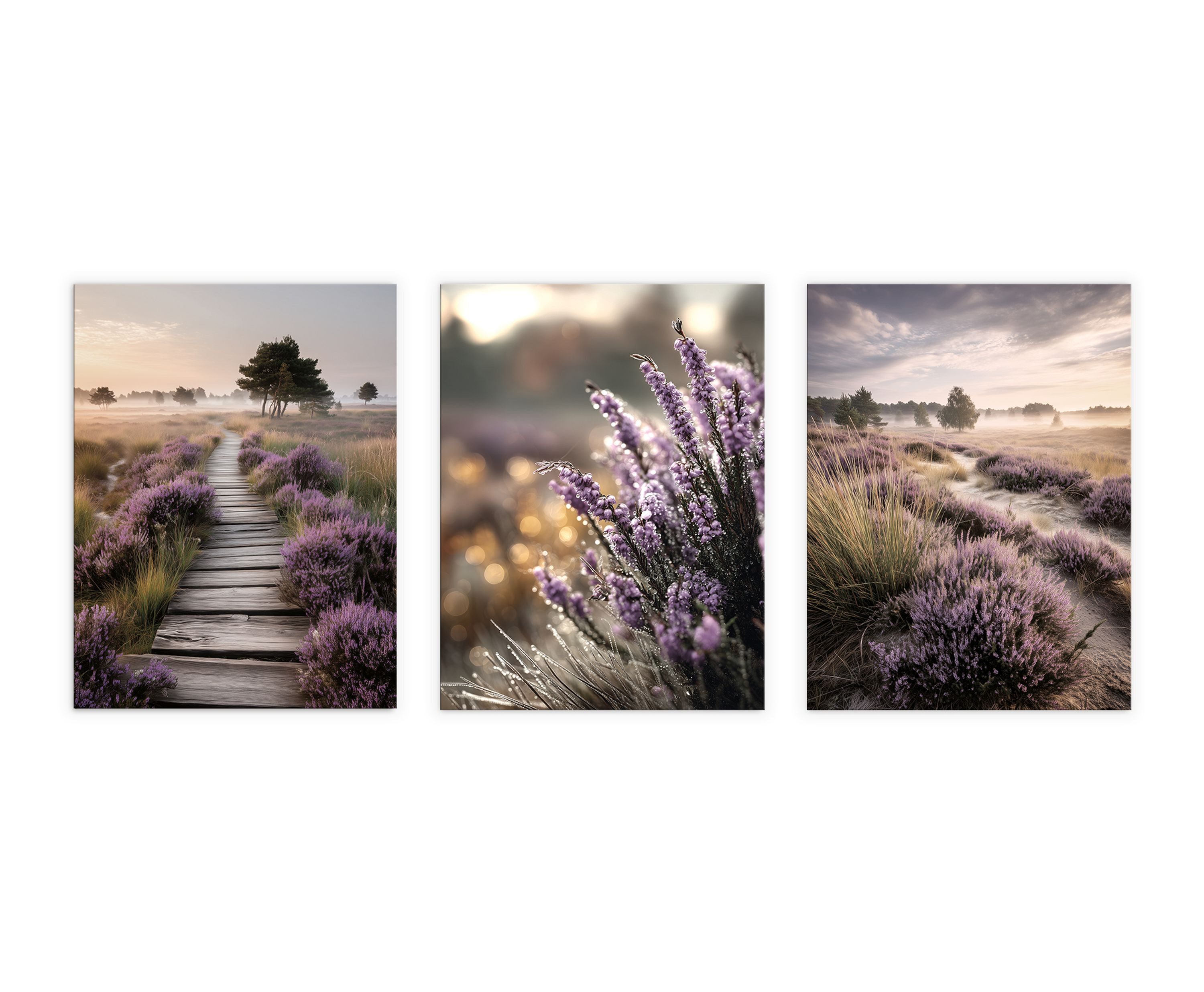 artissimo Mehrteilige Bilder Wandbilder-Set 3er-Set / natürliche Wanddeko / Wohnzimmer, Landschaft: Heidelandschaft mit lila Blüten in beige flieder – Bild 5 von 5