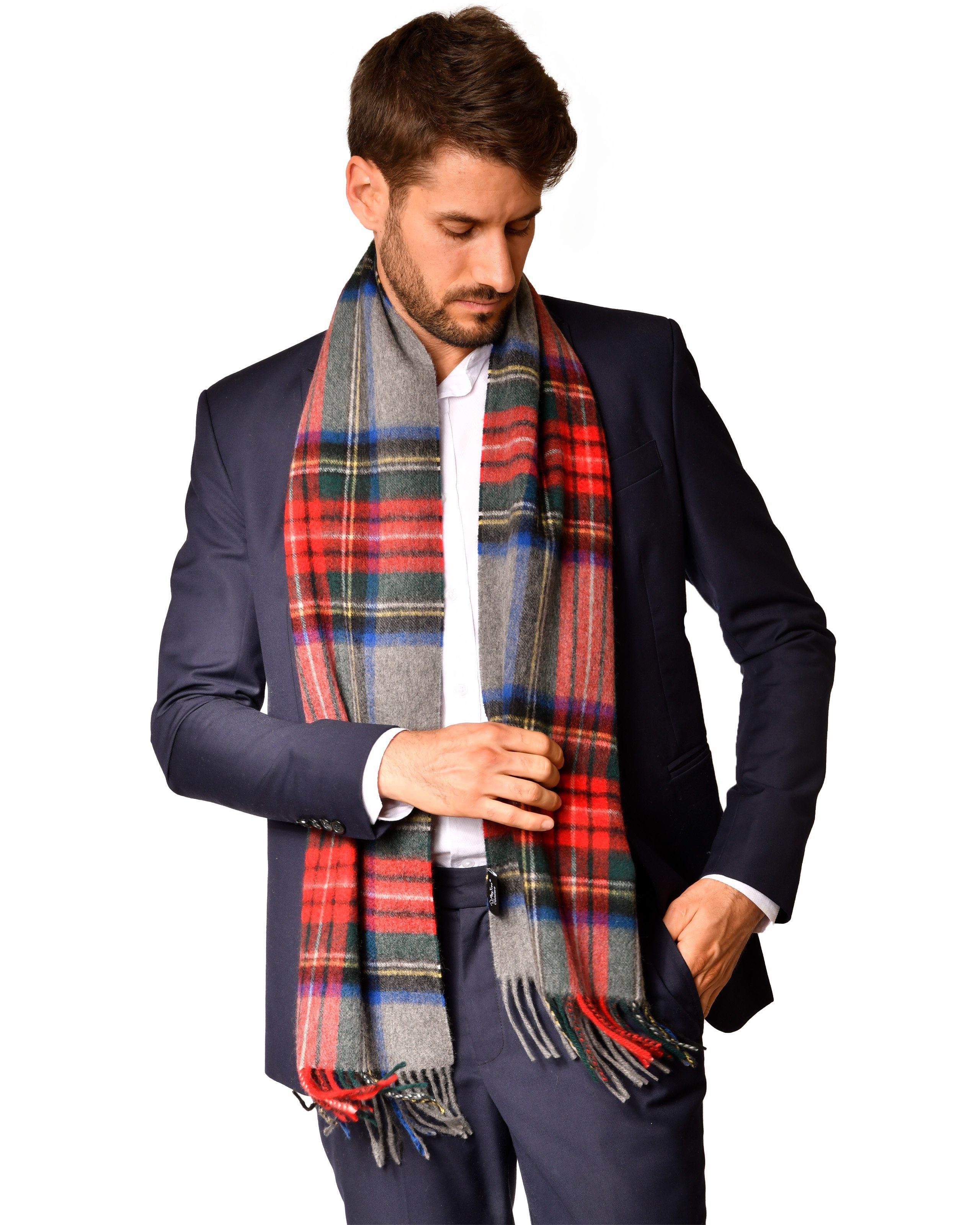 MayTree Kaschmirschal Unisex, 180 x 30cm, mit Fransen, kariert Rot Grau, (Stück, 1-St), 100% Kaschmir