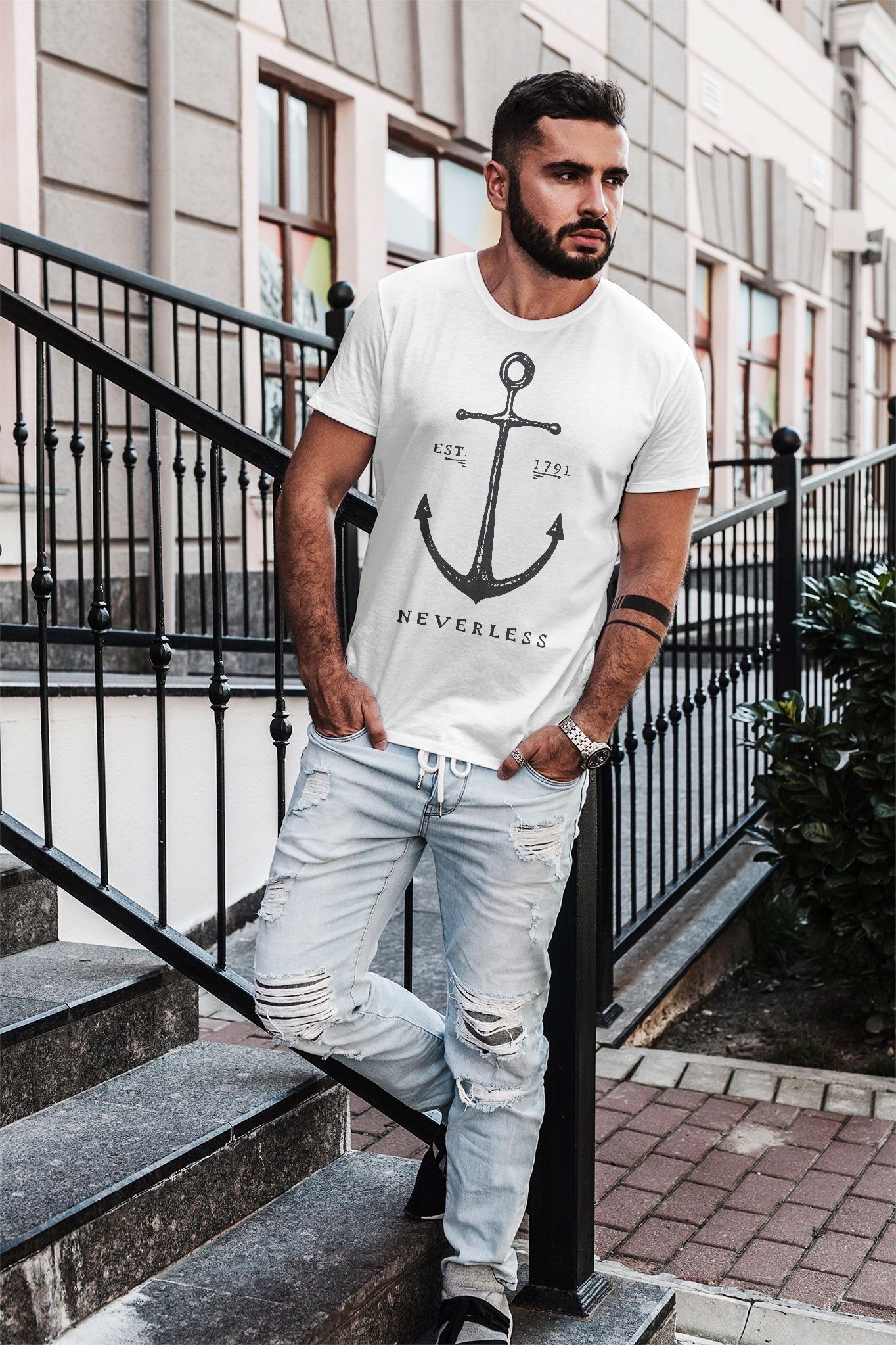 T-Shirt Neverless® Fit Print Herren Slim Anker mit Print-Shirt Neverless