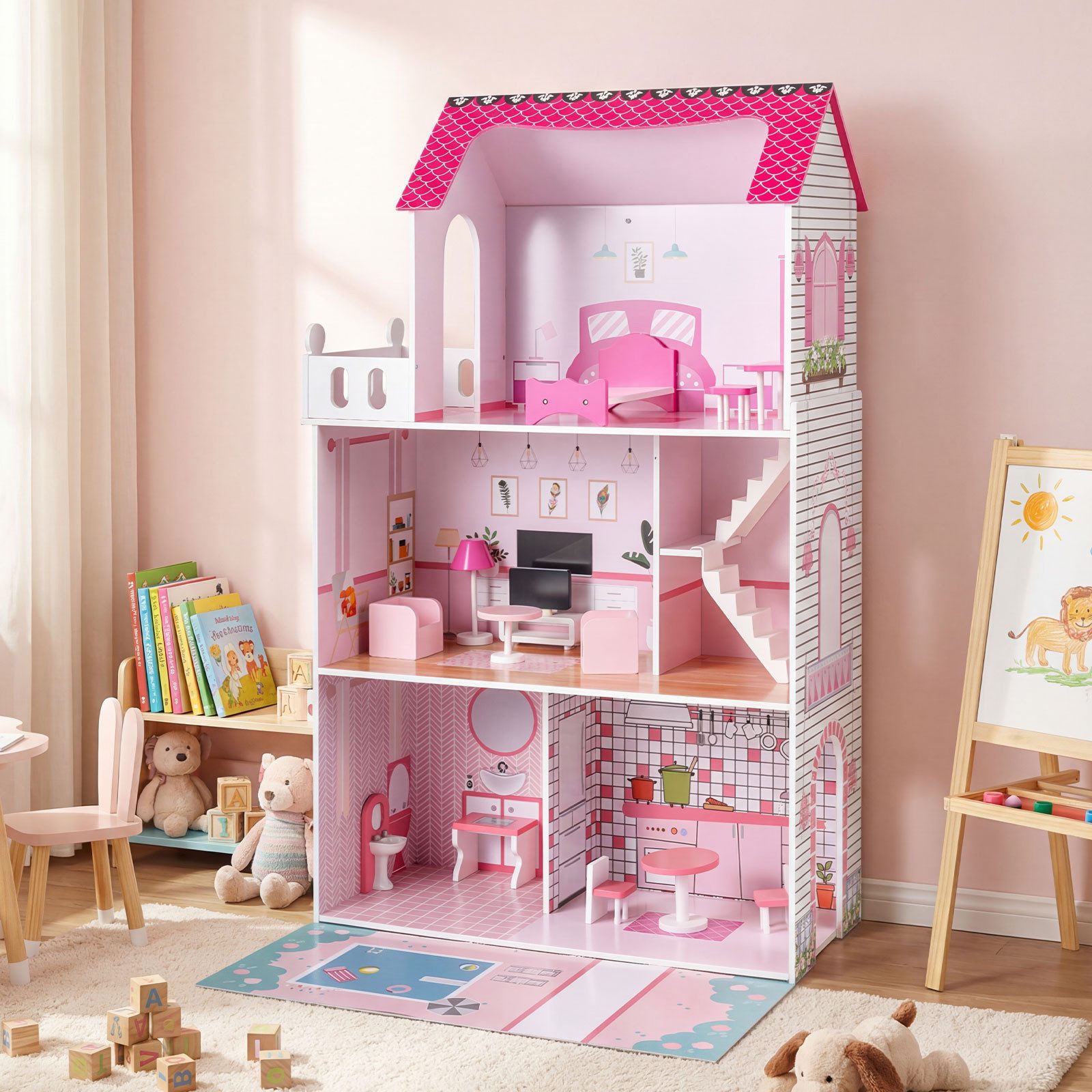 COSTWAY Puppenhaus, Mit 17-teiliger Möbelausstattung & Erzählspielzeug