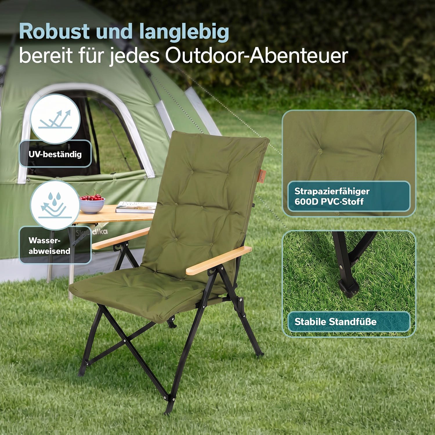 Skandika Campingstuhl Nojata, faltbar, 3-Fach verstellbare Rückenlehne, Tragetasche (Max. Benutzergewicht 120 kg, Material Armlehnen: Buchenholz), Sitzhöhe 43 cm, 5,2 kg leicht, Sitzfläche 50 x 50 cm, Anti-Rutsch-Füße