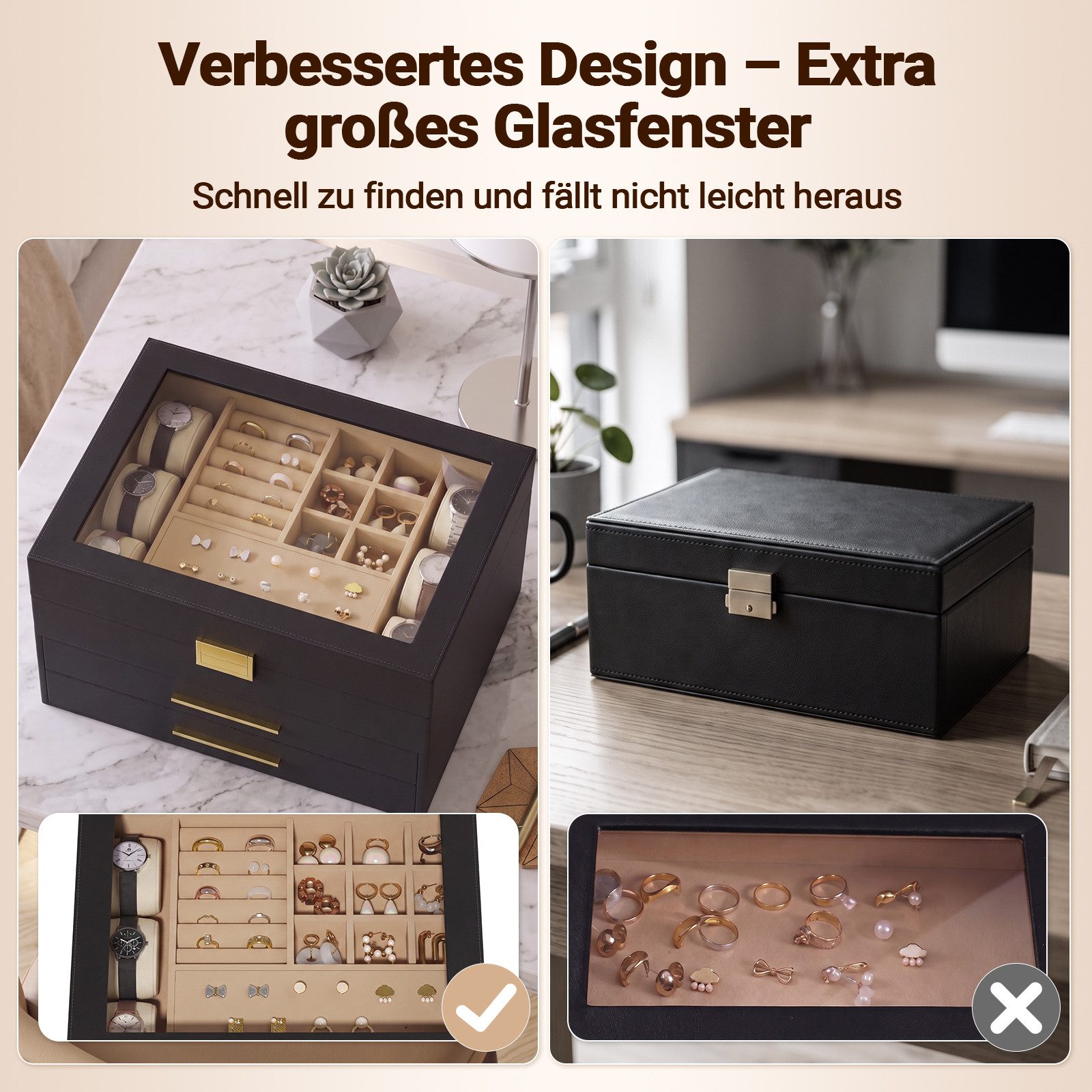 Hausright Schmuckkasten 3 Ebenen Schmuckbox mit Glasdeckel, 2 Schubladen (Schmuckschatulle) – Bild 4 von 5