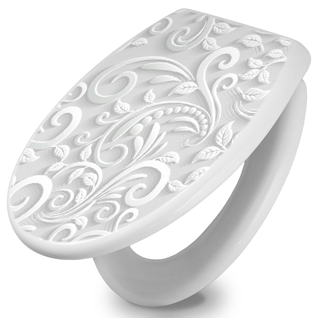 banjado WC-Sitz mit Absenkautomatik Motiv White Swirl (umweltfreundliches Material, integrierte Scharniere), 44,5 x 37 x 5 cm