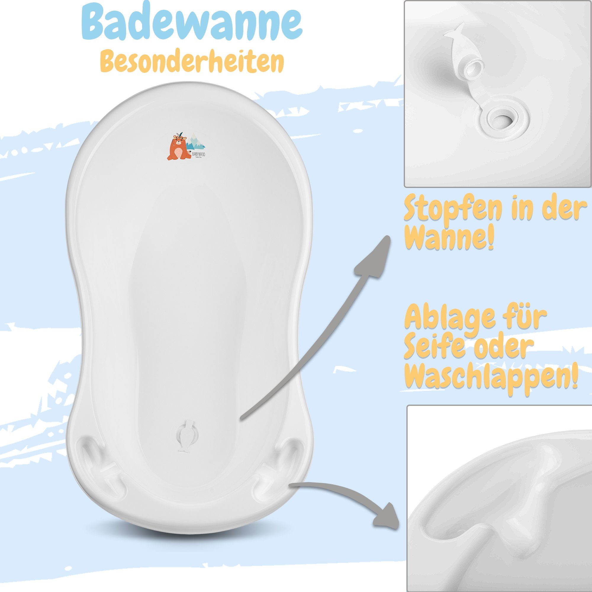 + Wanneneinsatz Rheinland Babybadewanne, geprüft 2-tlg), (Komplett-Set, Baby Wanne Babykajo TÜV weiß - Bärchen