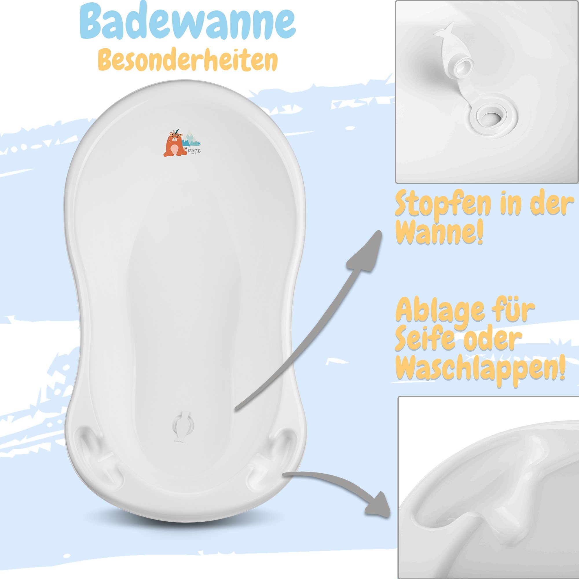 Babykajo Babybadewanne, (Set, 3-tlg), Baby Wanne, Wanneneinsatz, Kapuzenhandtuch
