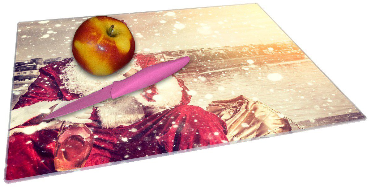 Wallario Schneidebrett Christmas-Party - mit 30x40cm (inkl. ESG-Sicherheitsglas, Gummifüße rutschfester Schnaps und 1-St), Zigarre, 4mm, Weihnachtsmann