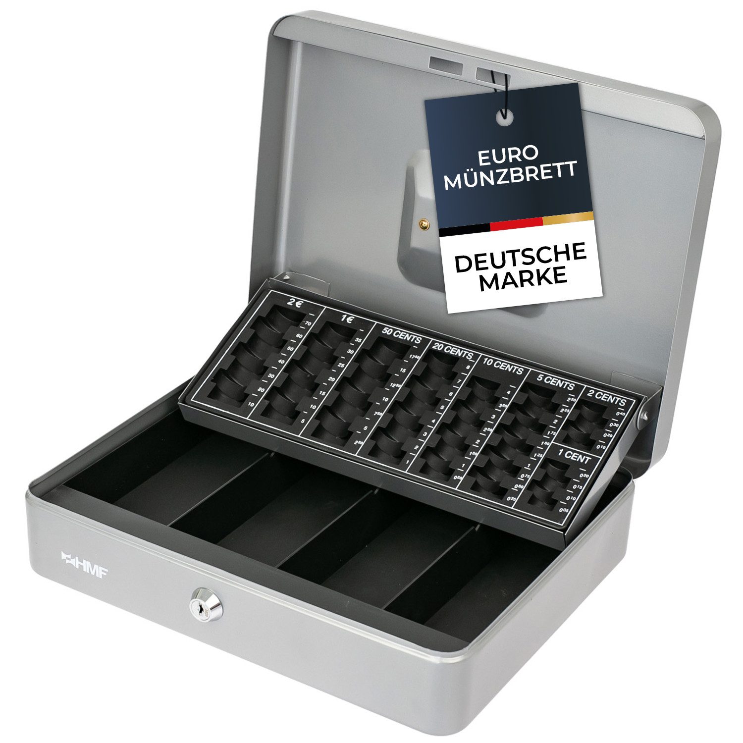HMF Geldkassette Abschließbare Bargeldkasse mit Münzzählbrett und 4 Banknotenfächern, robuste Geldbox mit Schlüssel, 30,5 x 24 x 8,5 cm, silber