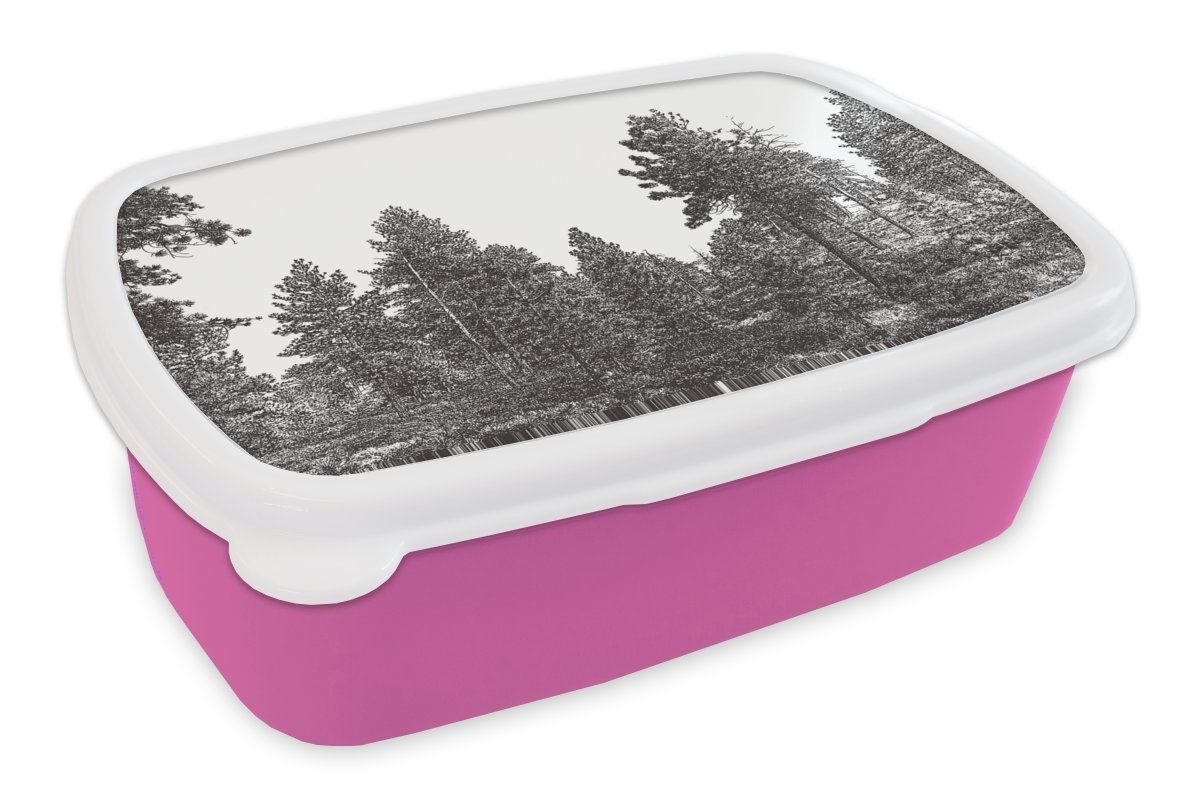 MuchoWow Lunchbox Eine historische Illustration eines Waldes, Kunststoff, (2-tlg), Brotbox für Erwachsene, Brotdose Kinder, Snackbox, Mädchen, Kunststoff rosa