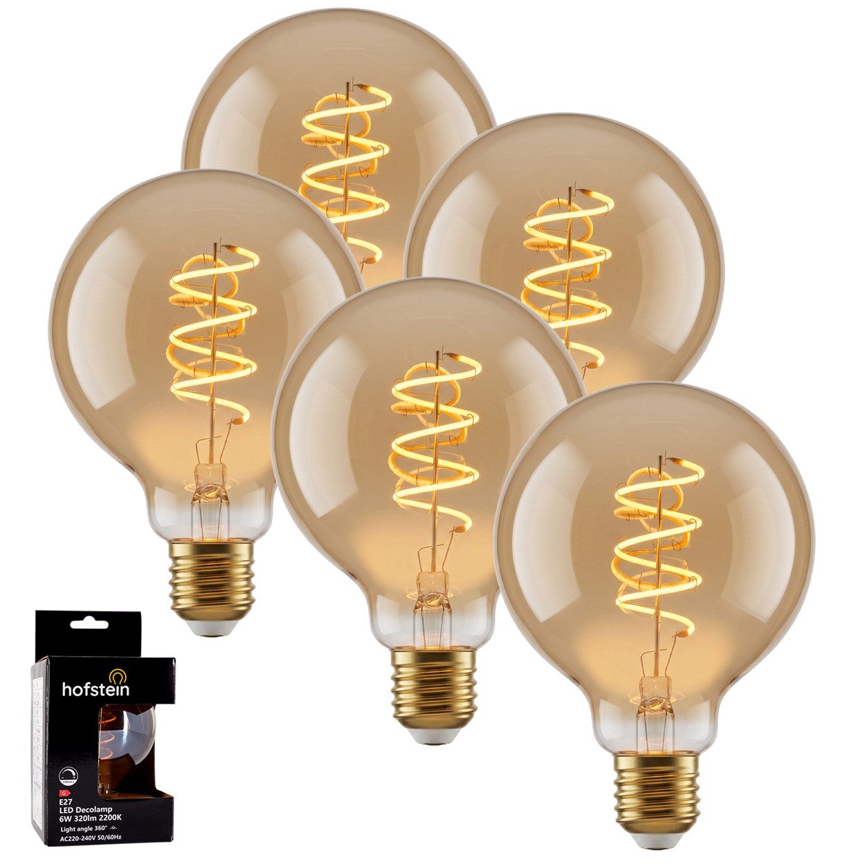 hofstein LED-Leuchtmittel 5er Set Glühbirne Extra Warmweiß dimmbar 6 Watt, E27, 2200 Kelvin, 320 Lumen, Globe Vintage, Filament Spirale, Amber