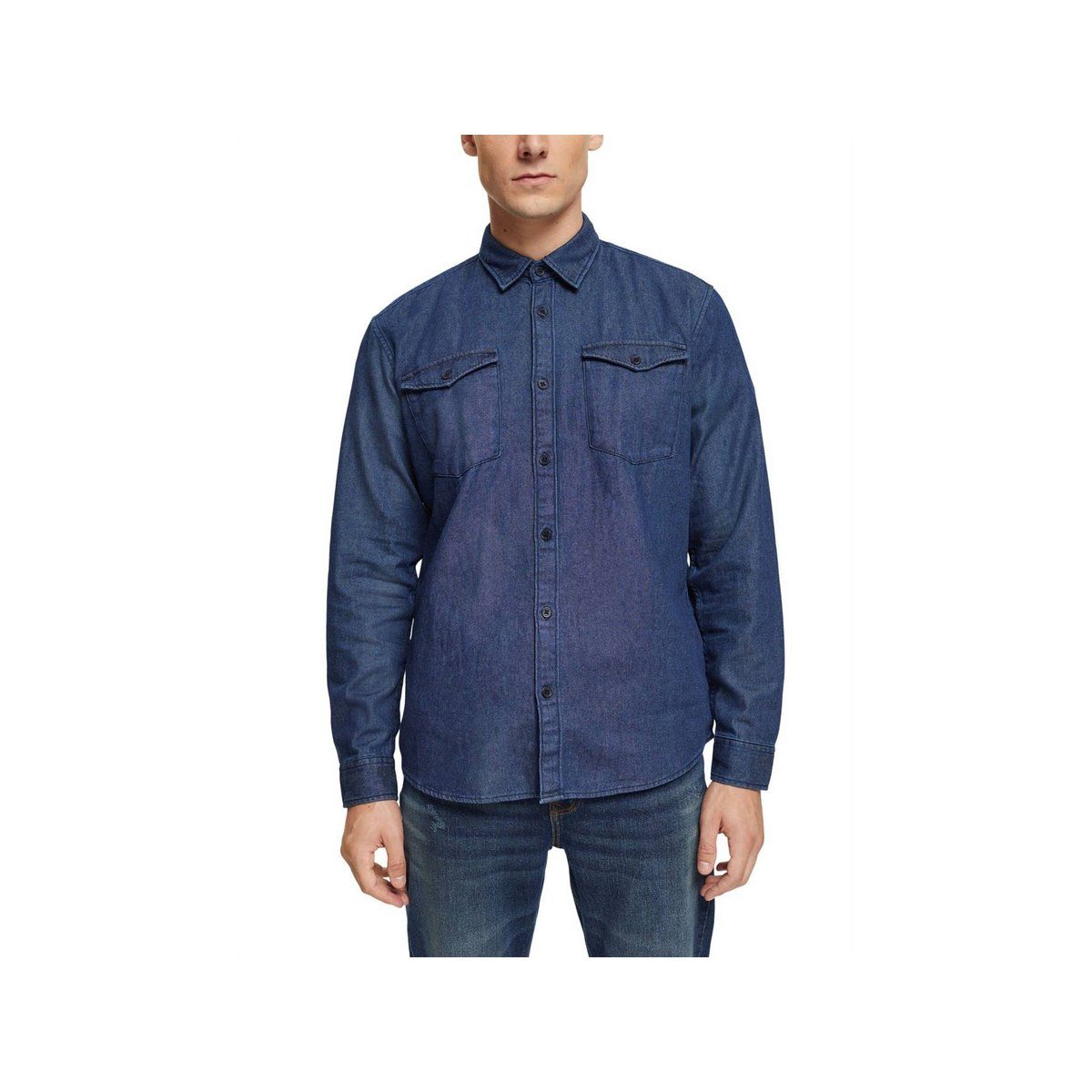 Esprit Langarmhemd uni dark washed blue (1-tlg)