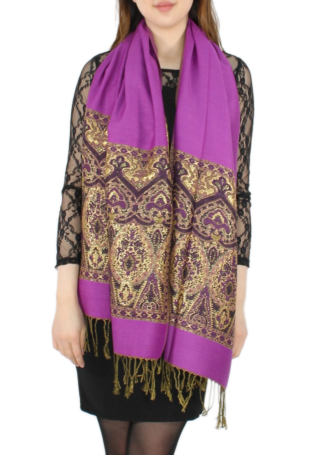dy_mode Modeschal Elegante Damen Stola Schal Halstuch mit goldfarbenem Glanzfaden, mit Fransen