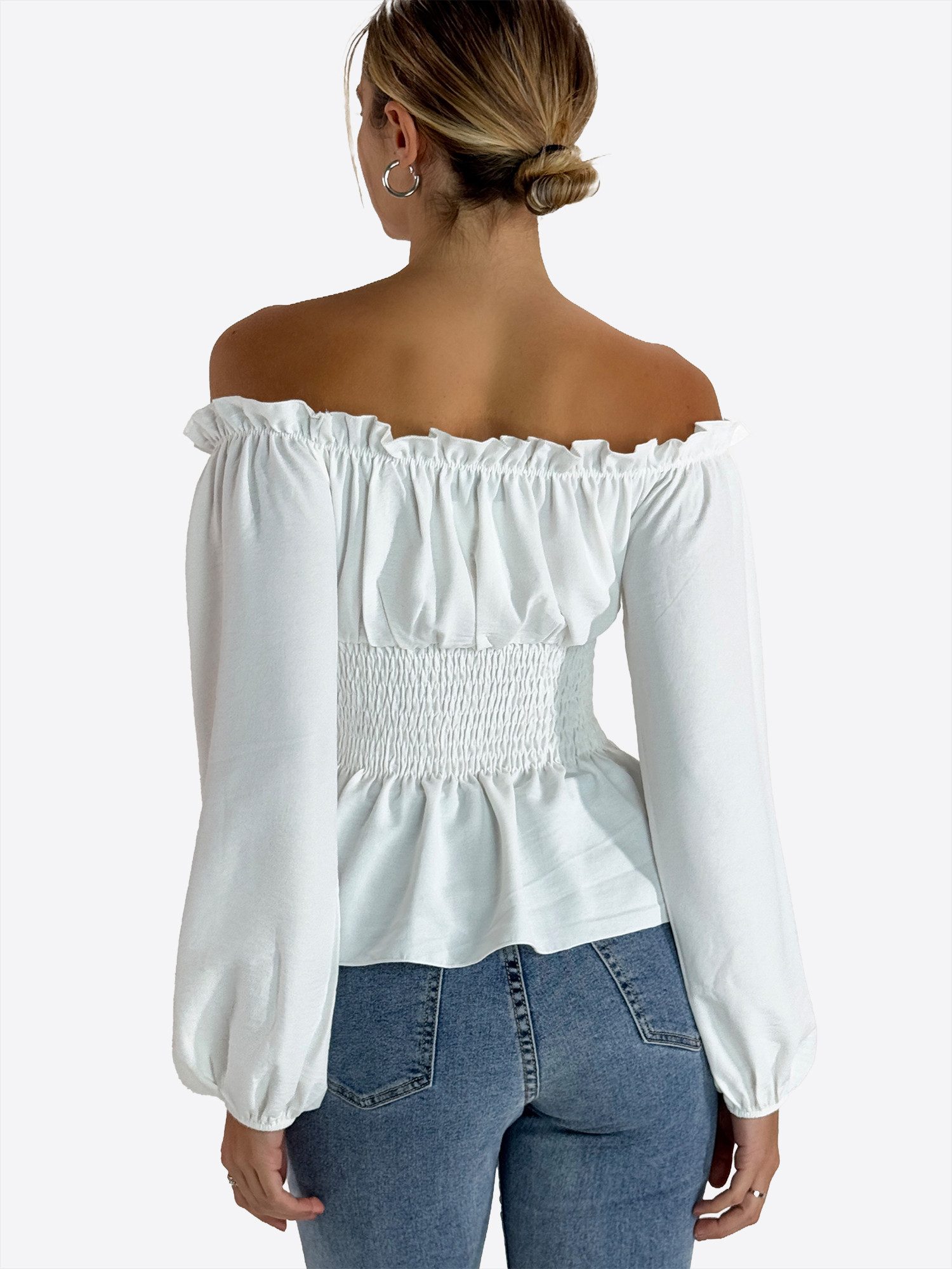 Elara Blusentop Damen Carmenbluse mit Schnürung, Smokbund und Ballonärmeln