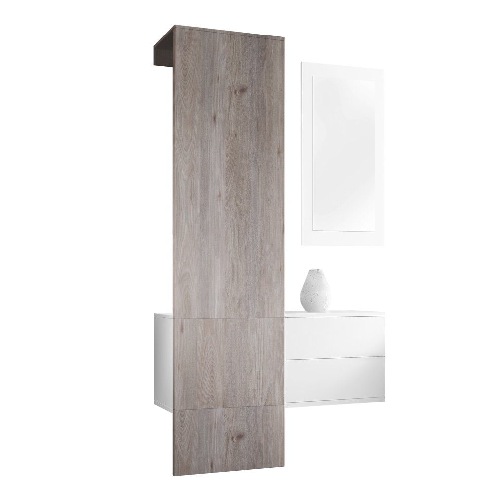 Vladon Garderoben-Set Carlton Set 2, (Wandgarderobe bestehend aus, ​ 1 Paneel, 1 Schubkastenschrank und 1 Wandspiegel), Weiß matt/Eiche Nordic (105 x 193 x 35 cm)