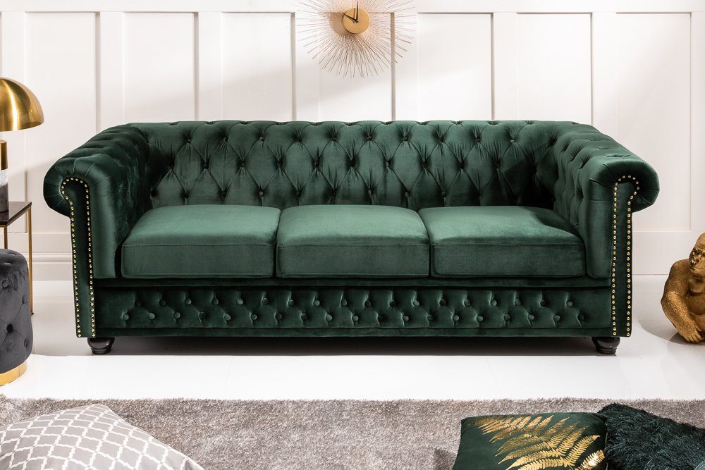 riess-ambiente Sofa CHESTERFIELD 205cm flaschengrün - Samt, Federkern, Rundumbezug, Nieten, Einzelartikel 1 Teile, 3-Sitzer Couch mit Knopfheftung - ideal für Gäste- und Wohnzimmer