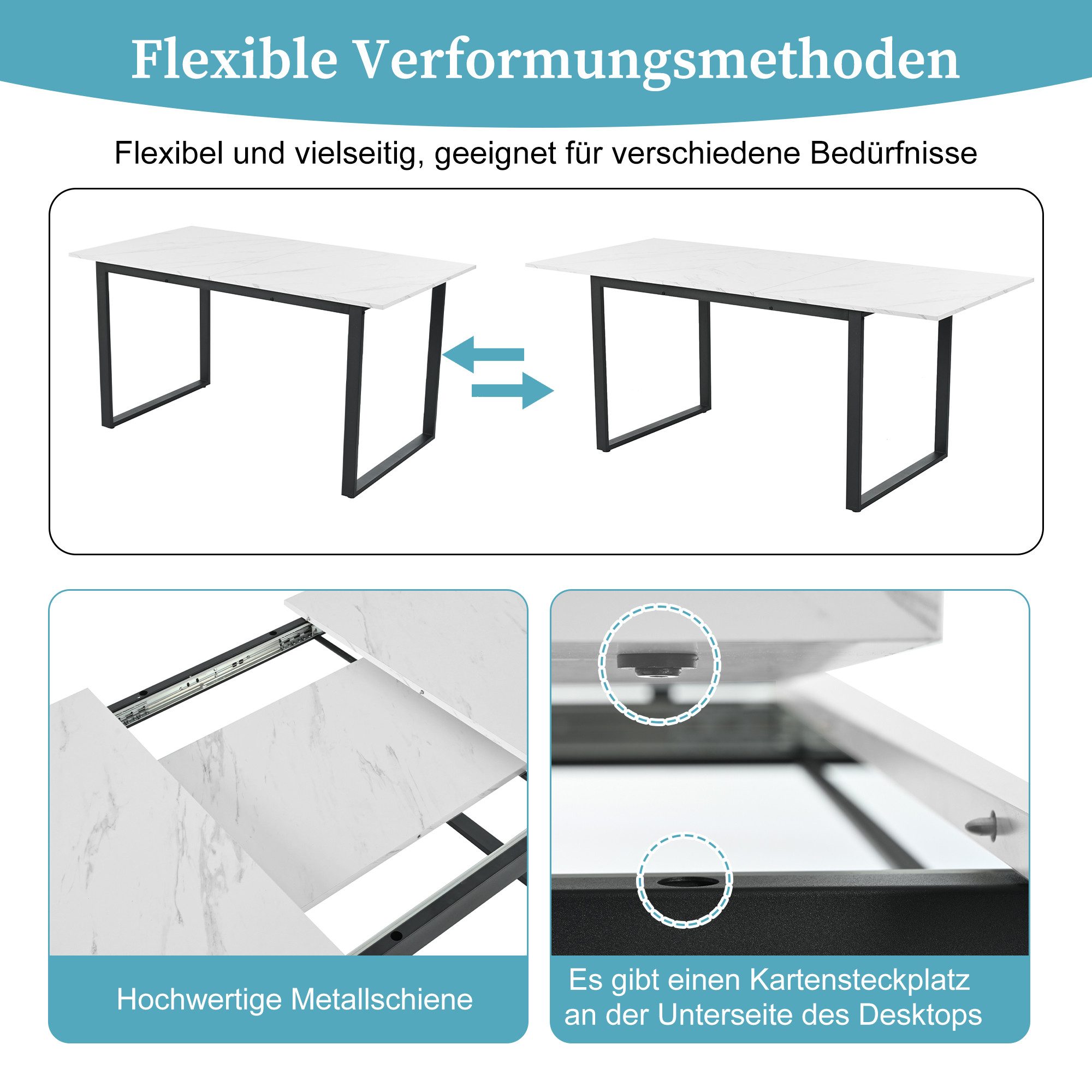 KLAM HOME Esstisch Esszimmertisch Teleskoptisch rechteckig Tisch 140/180x80x75cm (Moderne Weiße MDF Tischplatte Mit Marmormustern), Beine aus Eisen aus Metall & – Bild 4 von 5