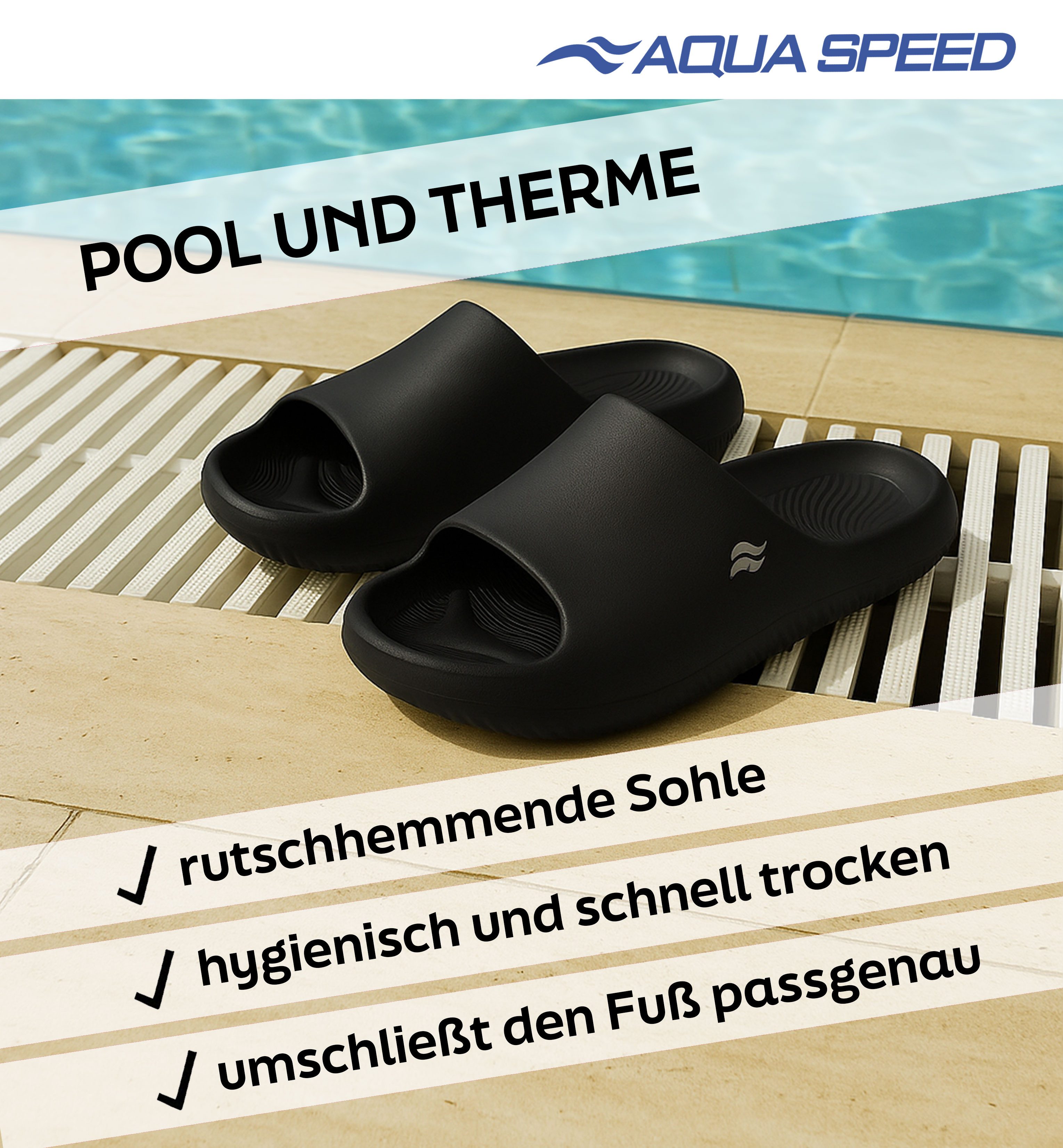 Aqua Speed Toledo Badesandalen dicke Soft-Sohle, leicht + Mikrofaserhandtuch Badepantolette (Ultraleichte Badeschlappen für sicheres Gehen auf nassen Böden) Ultraleichte Poolschuhe für Damen und Herren – komfortabel sicher