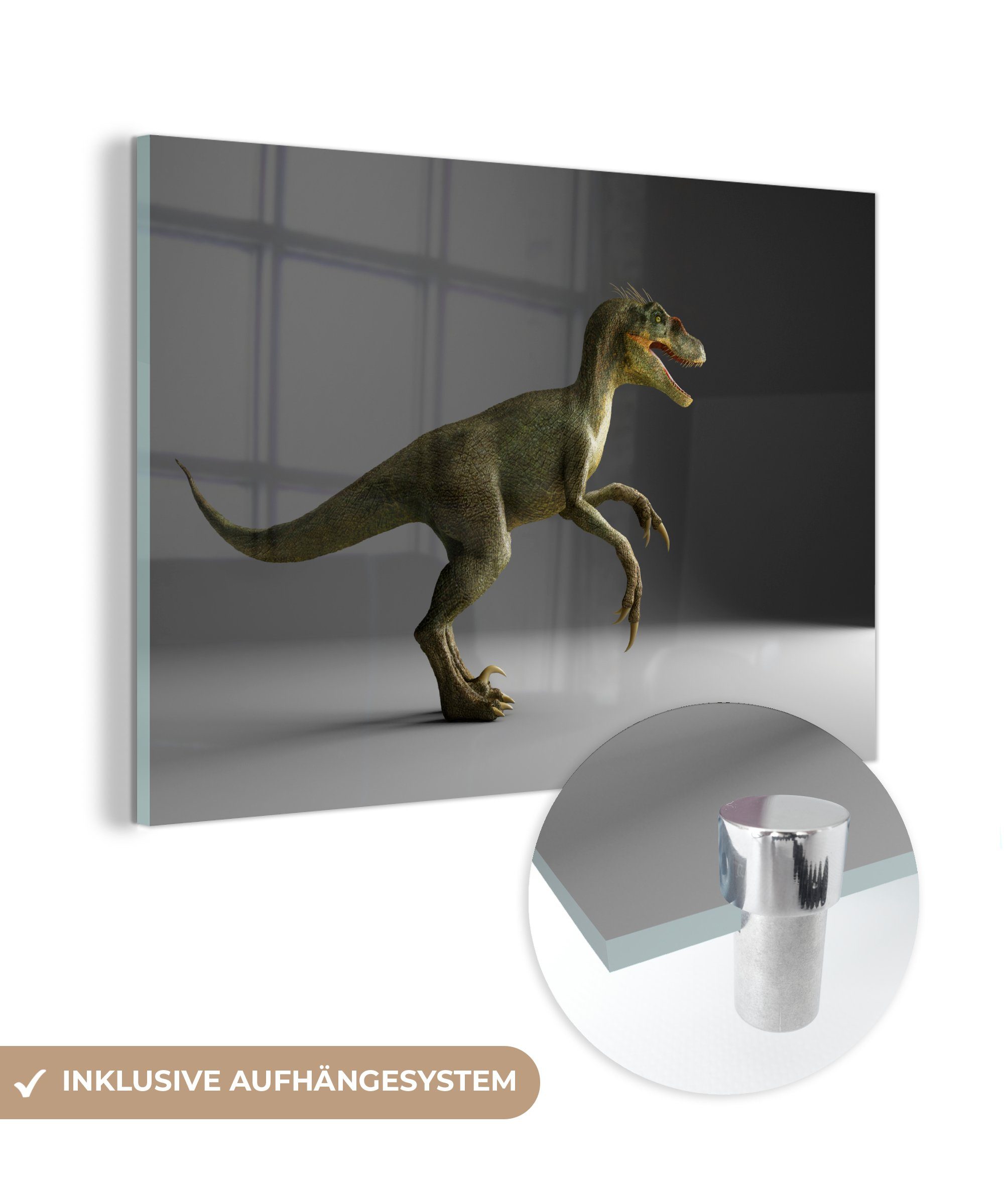 Velociraptor Grau, MuchoWow Acrylglasbilder - Acrylglasbild St), Schlafzimmer (1 Wohnzimmer & - Dinosaurier