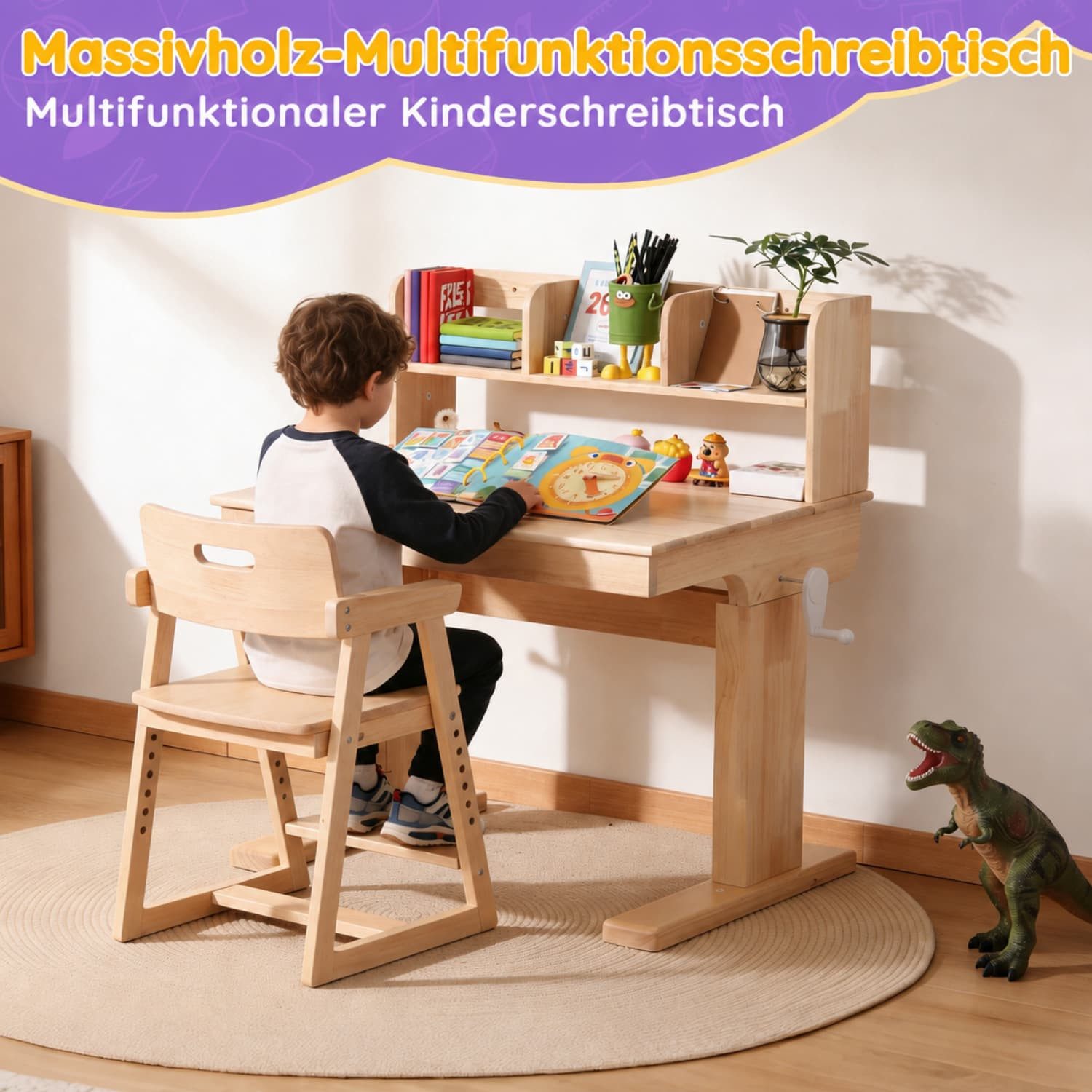 ANYSUN Kinderschreibtisch aus Massivholz Höhenverstellbarer mit Neigbare Tischplatte 0°-43° (1 Tisch mit Buchstütze,Kurbelmechanismus,Belastbar bis 50 kg,Natur), Schreibtisch mit Stauraum für Kinder ab 6 Jahren,B92/T60/H89-110.5 cm