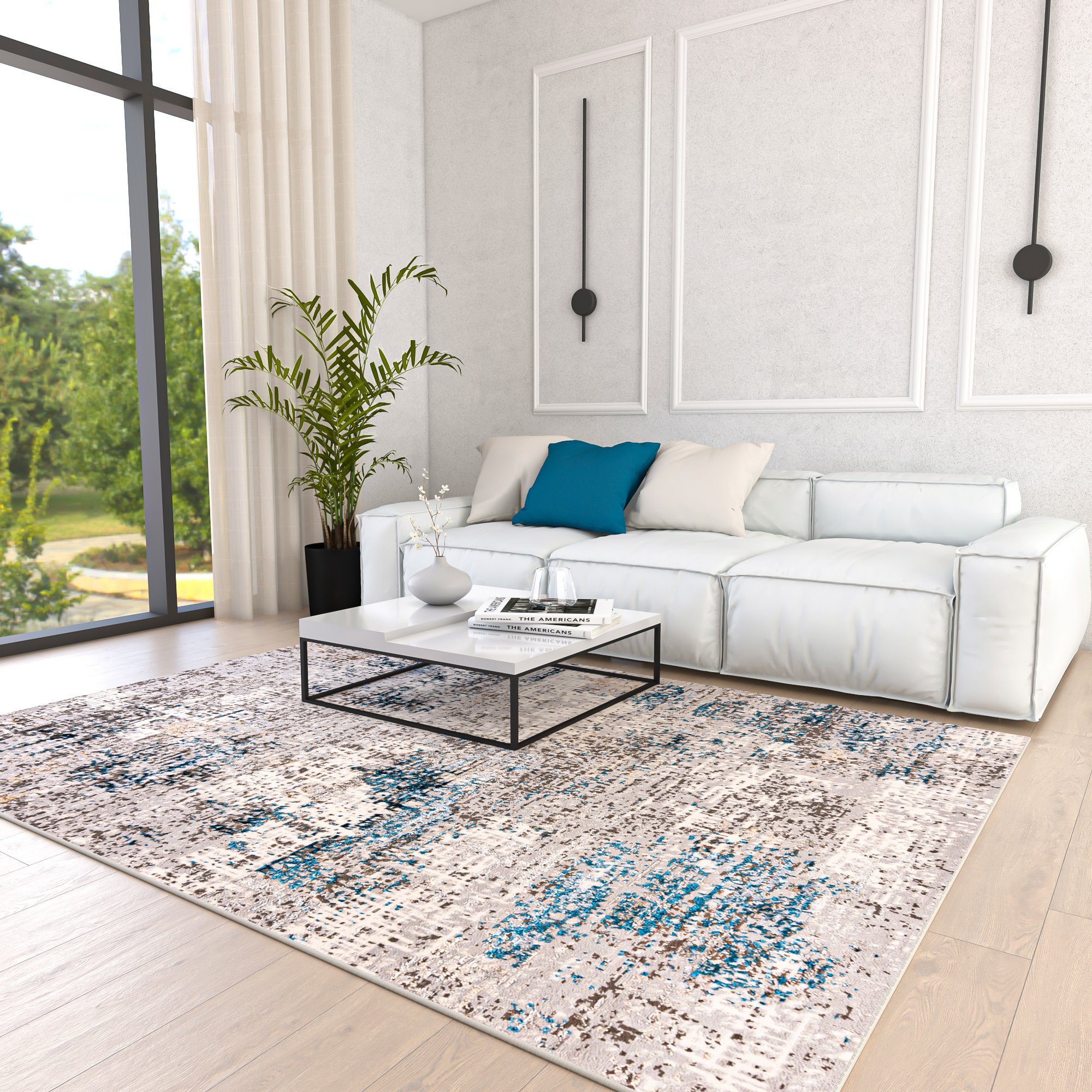 Mazovia Designteppich Modern Teppich für Wohnzimmer - Abstrakt Muster, Beige Blau Grau, 200 x 300 cm, Abstrakt, Modern, Höhe 8 mm, Kurzflor