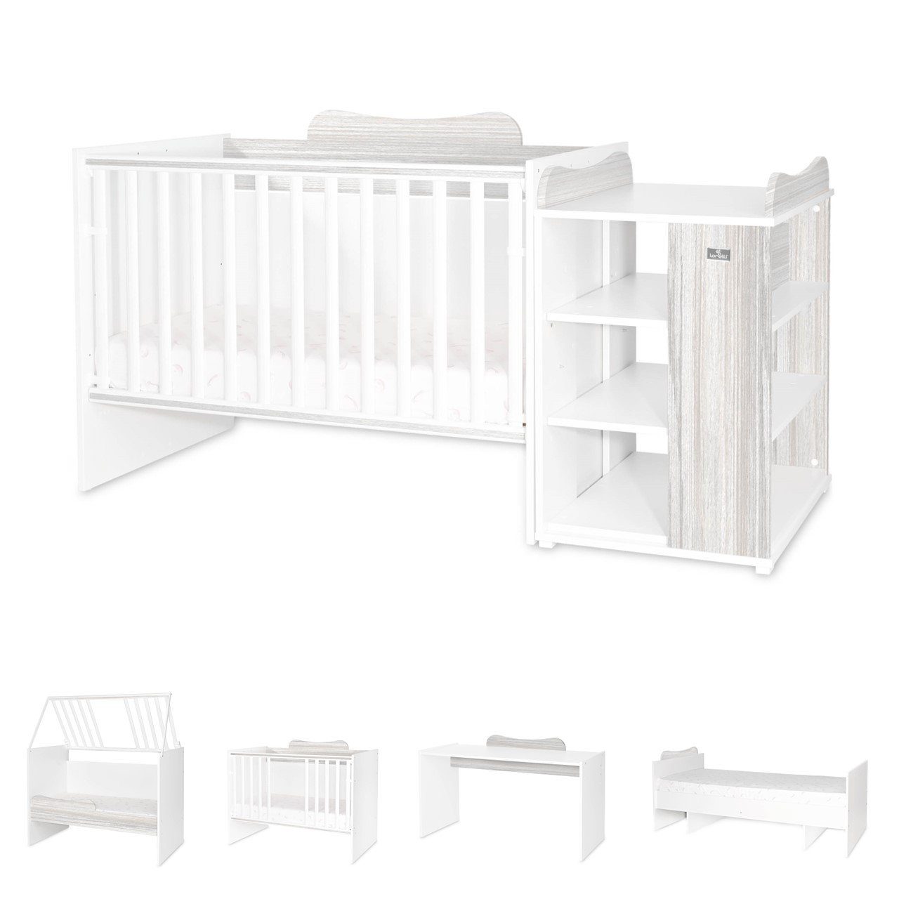 Lorelli Komplettbett Babybett Multi, Jugendbett, Schreibtisch, Wickeltisch, mehrfach umbaubar