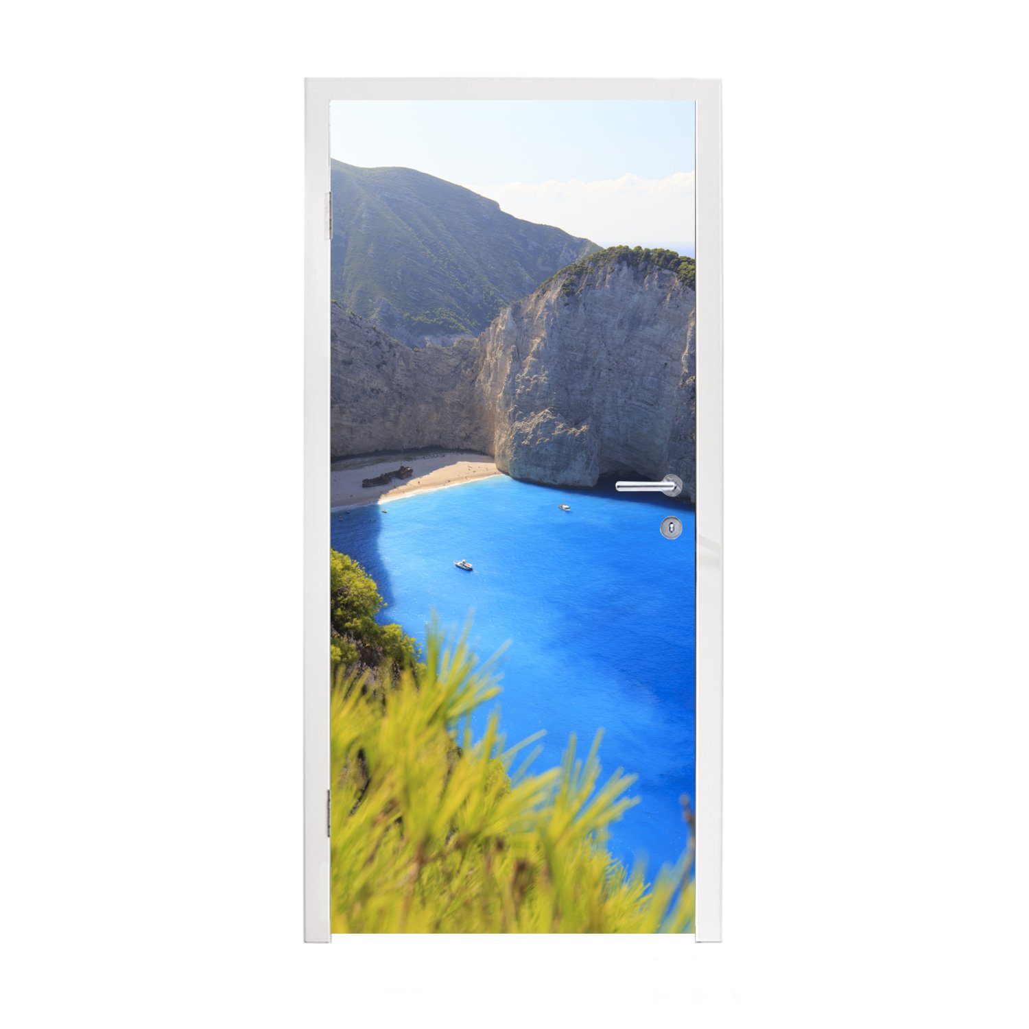 MuchoWow Türtapete Grüne Vegetation auf den Klippen am Strand von Navagio in Griechenland, Matt, bedruckt, (1 St), Fototapete für Tür, Türaufkleber, 75x205 cm