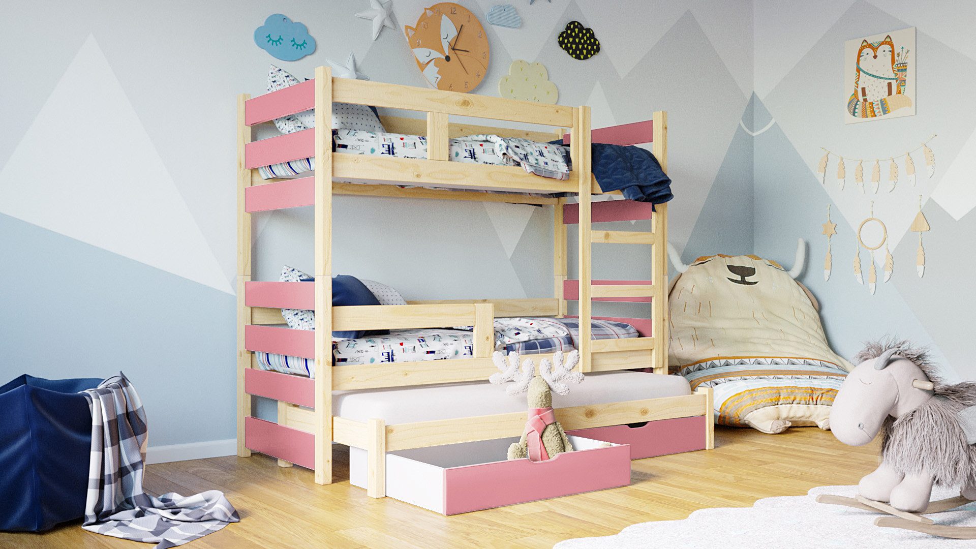 thematys Hochbett Etagenbett mit Ausziehbett + Rausfallschutz INKL. 3 Matratzen 180x75cm (MADE IN EU-Kinderbett für Jungen und Mädchen, in Weiß, Grau, Natur, Rosa, Grün, Minze oder Blau, inklusive Lattenroste - Aus Kiefernholz und MDF Platten gefertigt) mit zwei Schubladen