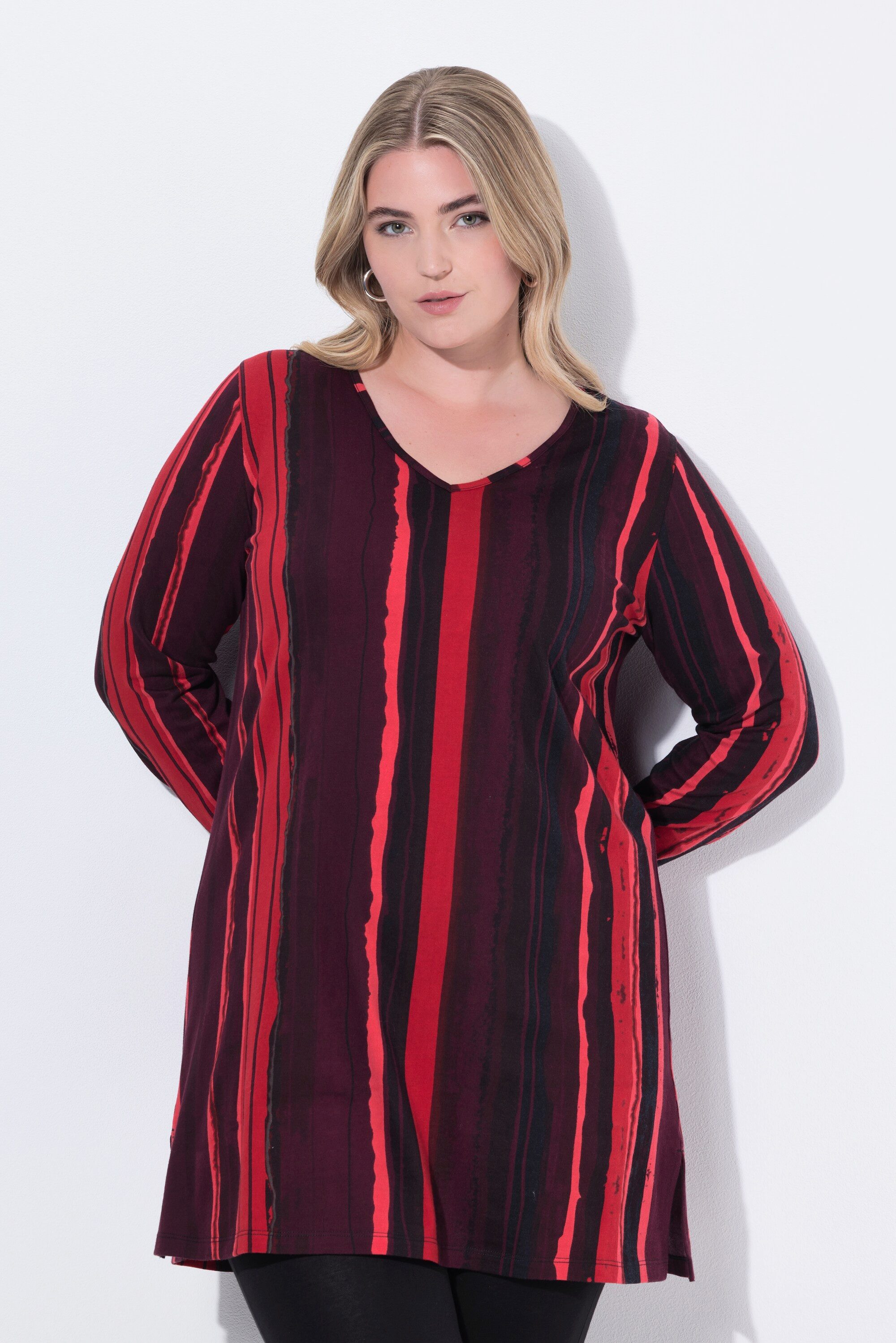 Longshirt Longshirt Batikdruck A-Linie V-Ausschnitt Langarm