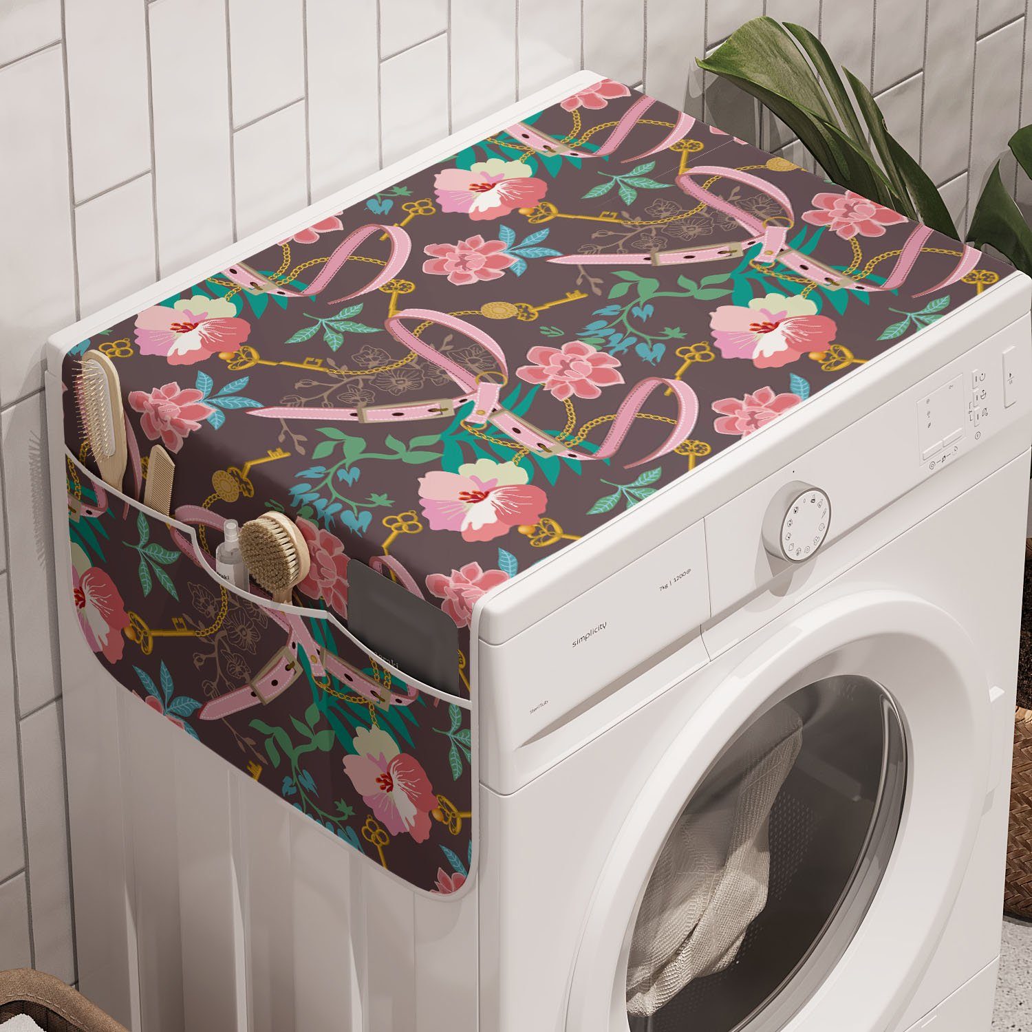 Abakuhaus Badorganizer Anti-Rutsch-Stoffabdeckung für Waschmaschine und Trockner, Blumen Blühende Blumen und Gürtel