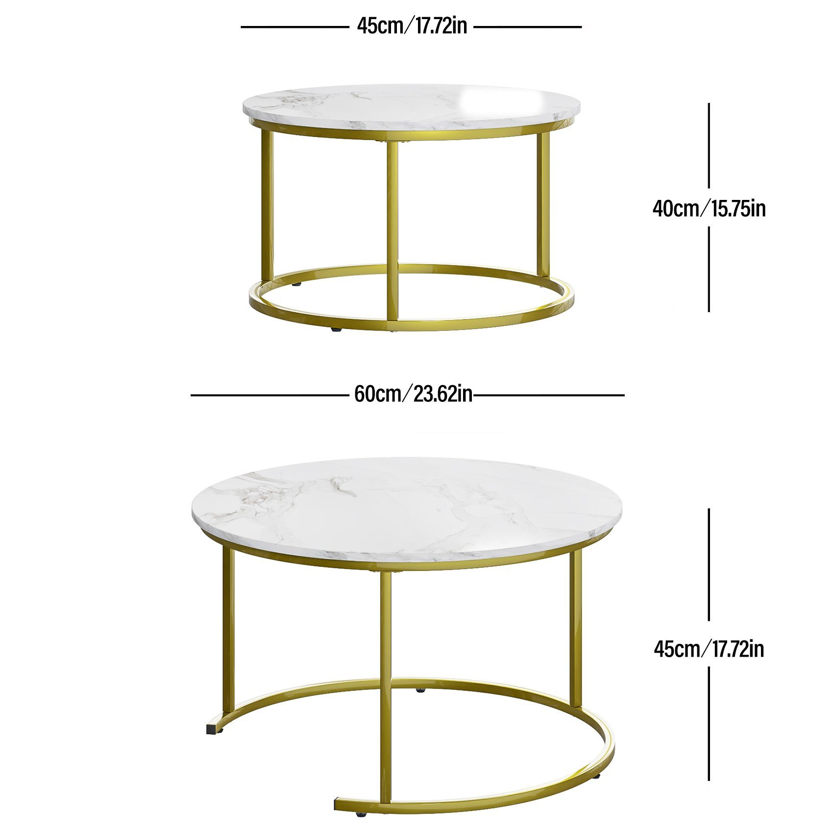 HEYZOEY Couchtisch Couchtisch Rund 2er Set, Wohnzimmertisch Gold Metall, Marmor Weiß (2er Set)