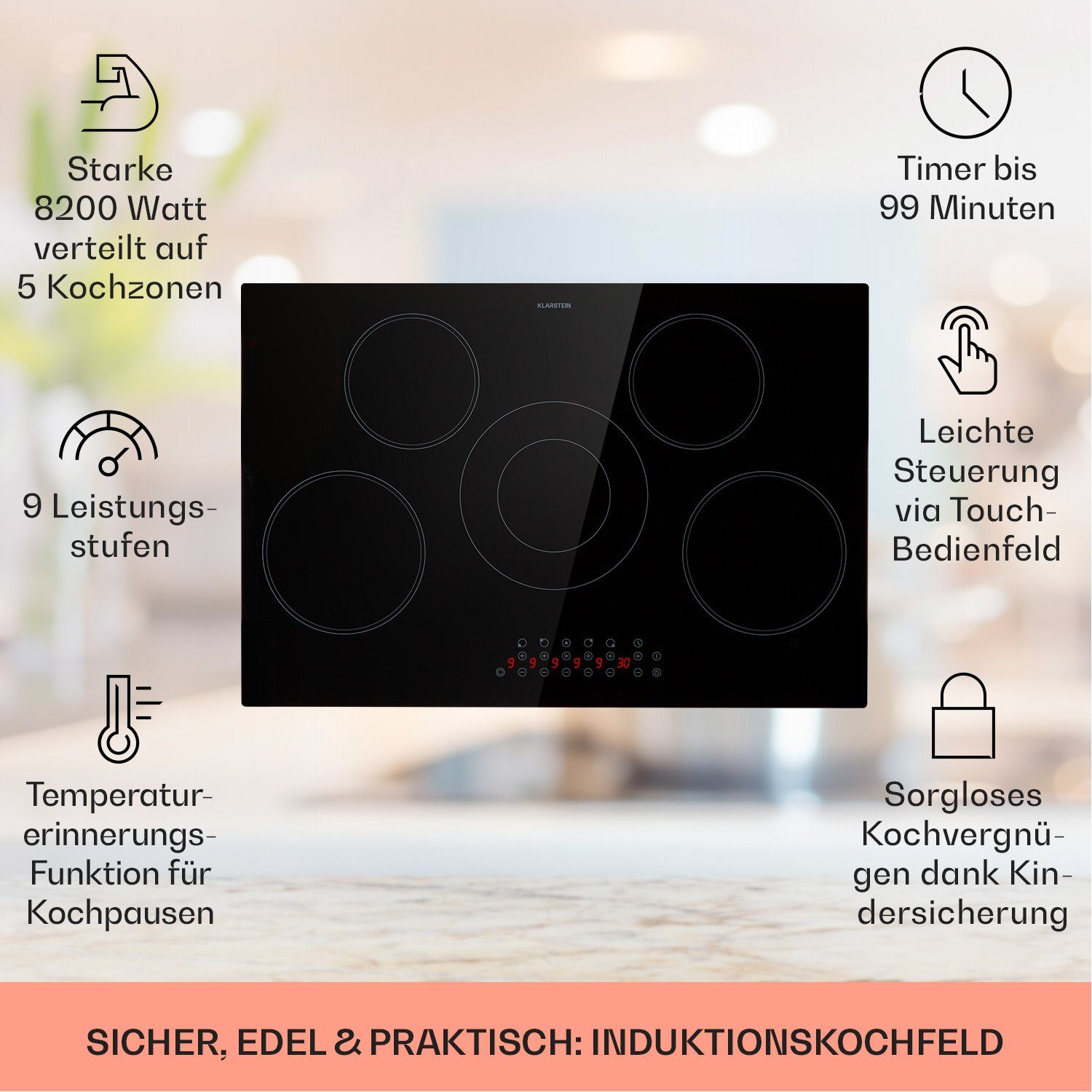 Klarstein Induktions-Kochfeld CP4-Virtuosa5 CP4-Virtuosa5, Einbau Induktionskochfeld 5 Zonen Glaskeramik Kochfeld Induktion