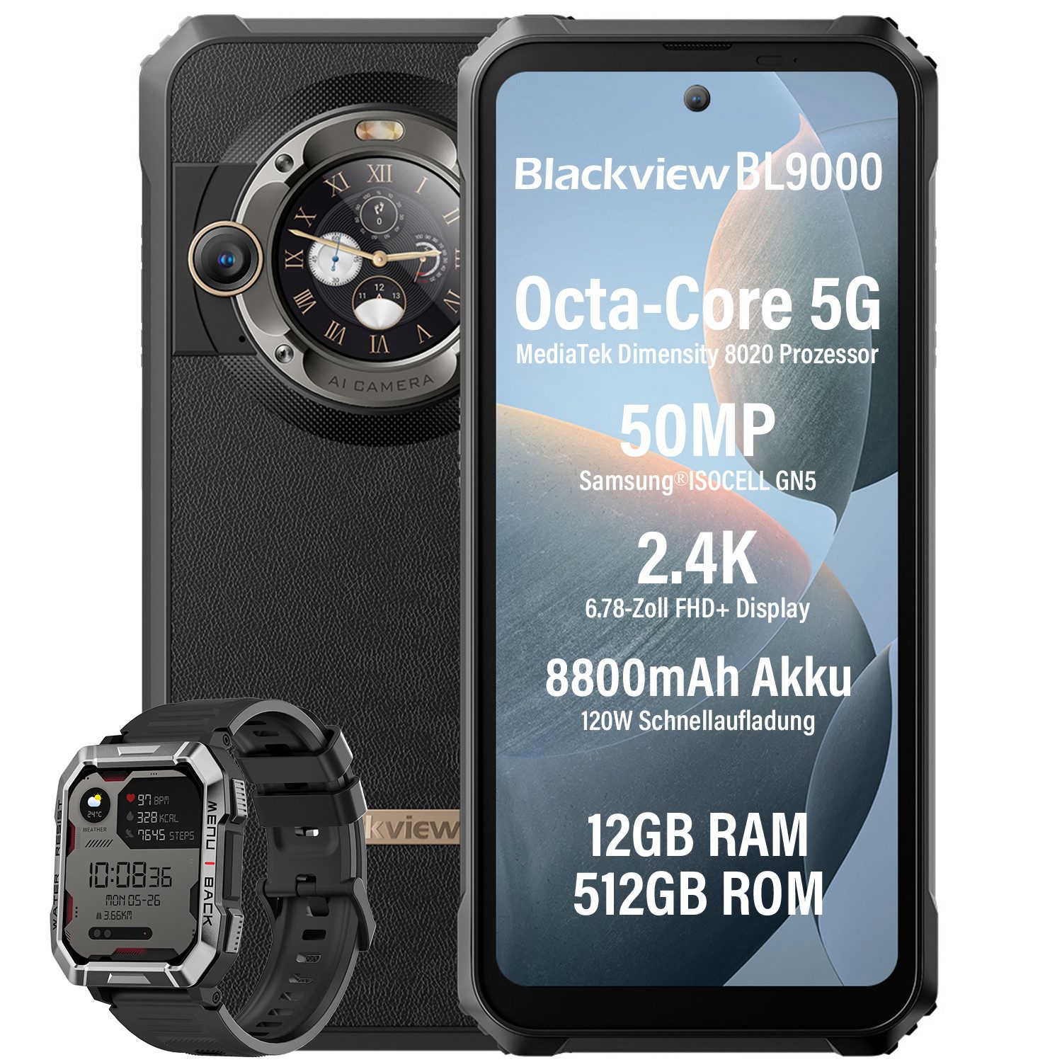 blackview BL9000 5G zwei Bildschirmen incl. W60 Smartphone (6.78 Zoll, 50 MP Kamera, 2.4K, 5G MediaTek Dimensity 8020, NFC/Face ID/GPS/IP69K, Ohne Vertrag)