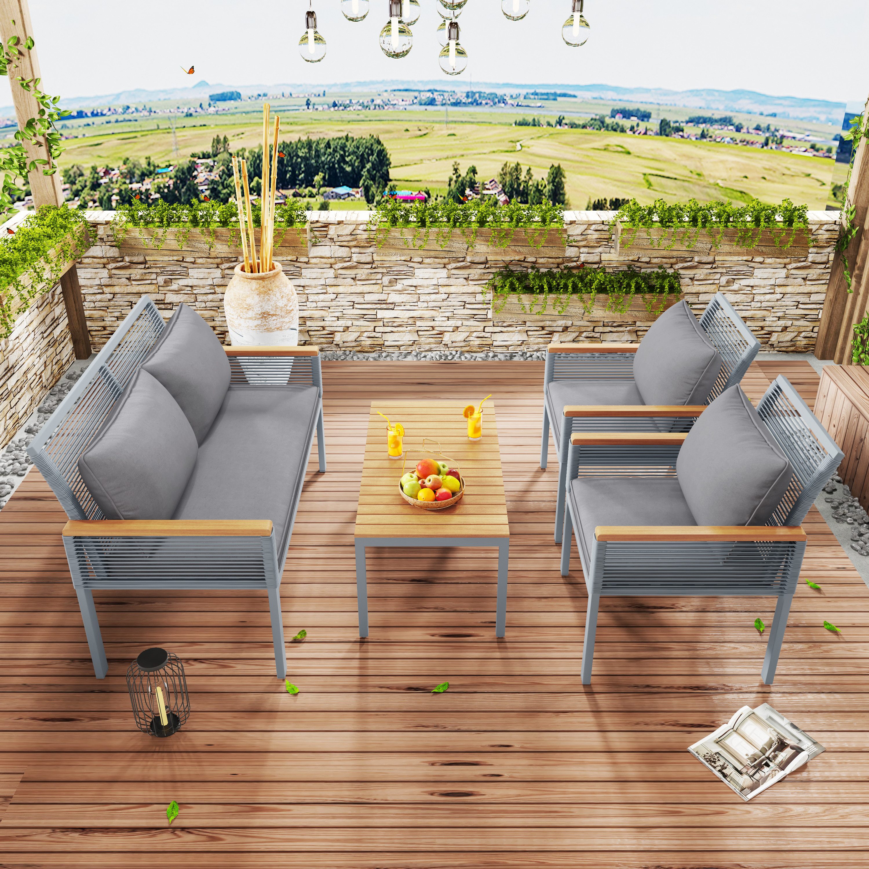 Dedom Gartenlounge-Set Gartenmöbel Set mit bequemem Kissen,Doppelsofa,2 Sessel und Tisch, Outdoor,Rattan,Tisch und Stühle,grau