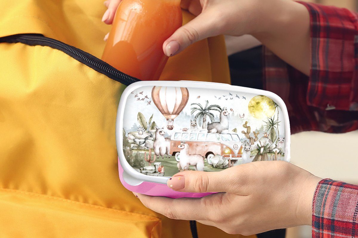 Heißluftballon Tiere - - Snackbox, Mädchen, MuchoWow Erwachsene, Kunststoff, Kinder, Lunchbox rosa Brotbox Brotdose - für Kunststoff Alpaka Kinder, Kinder (2-tlg), -