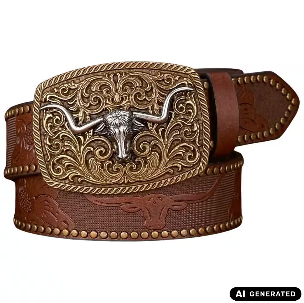 Nietengürtel Westerngürtel mit Longhorn-Schnalle – im authentischen Cowboy Style