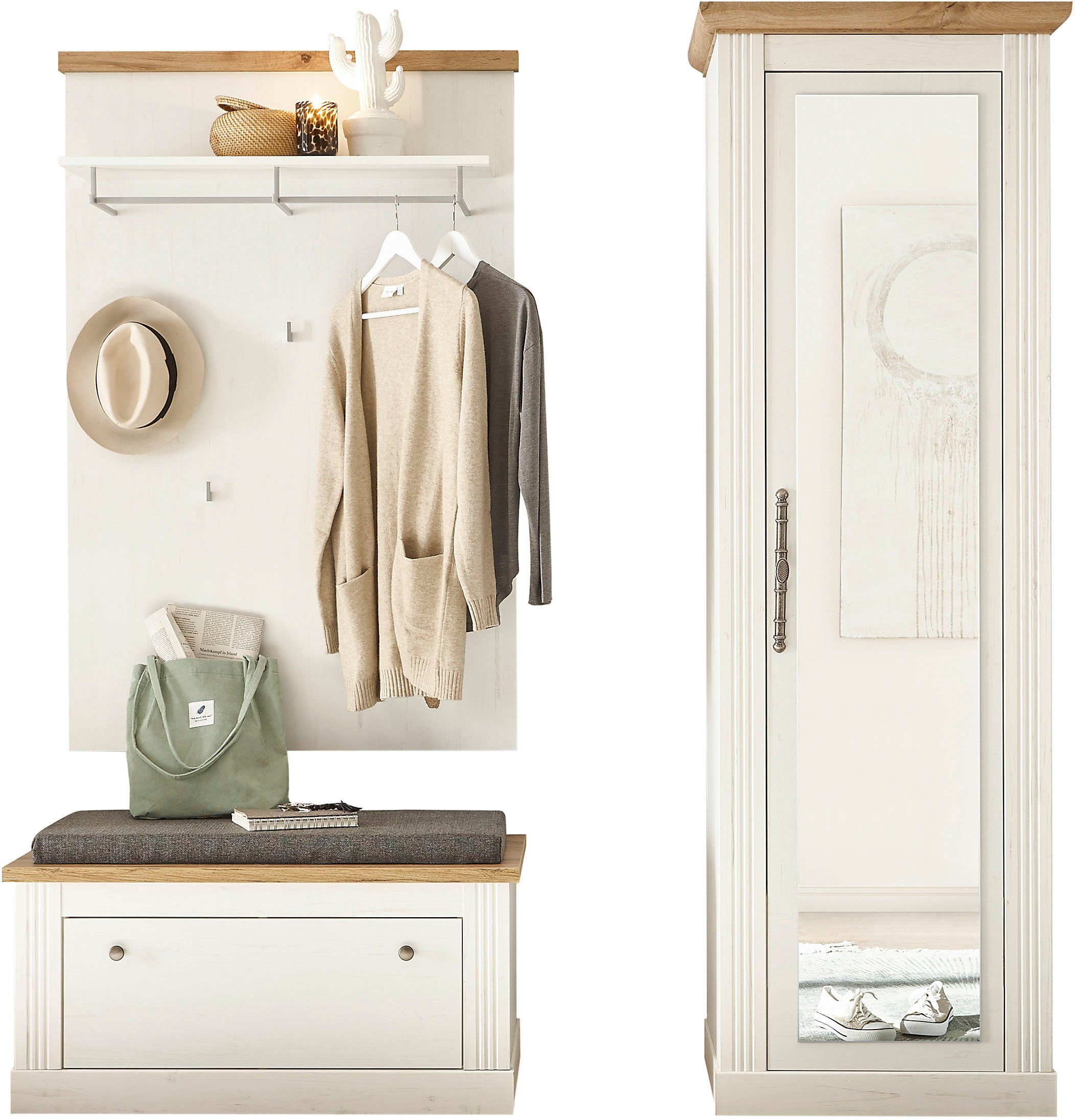Home affaire Garderoben-Set WESTMINSTER BESTSELLER!, (3-St., Schuhbank, Wandpaneel, Garderobenschrank), im romantischen Landhausstil