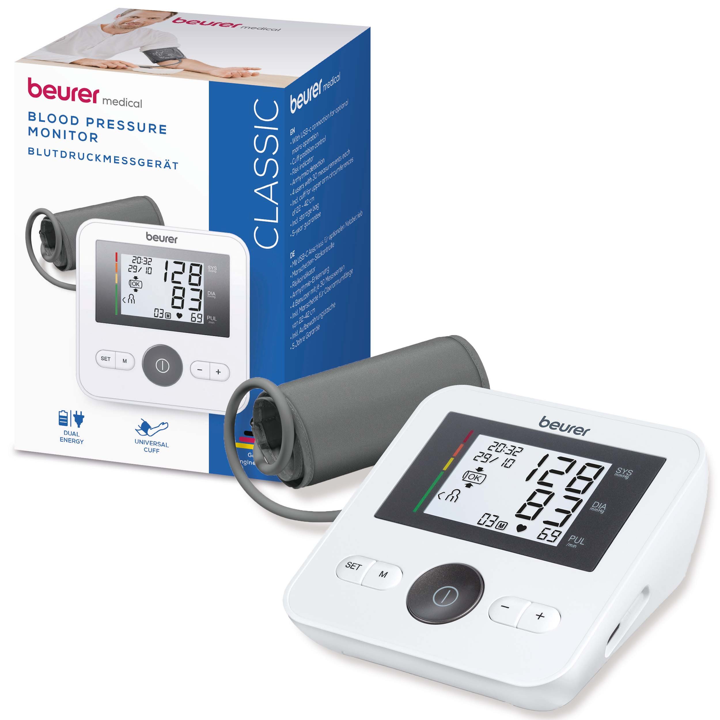 BEURER Oberarm-Blutdruckmessgerät BM 27+ mit Arrhythmie-Erkennung und farbiger Messergebnis-Skala, mit Manschetten-Sitzkontrolle und farbiger Messergebnis-Skala