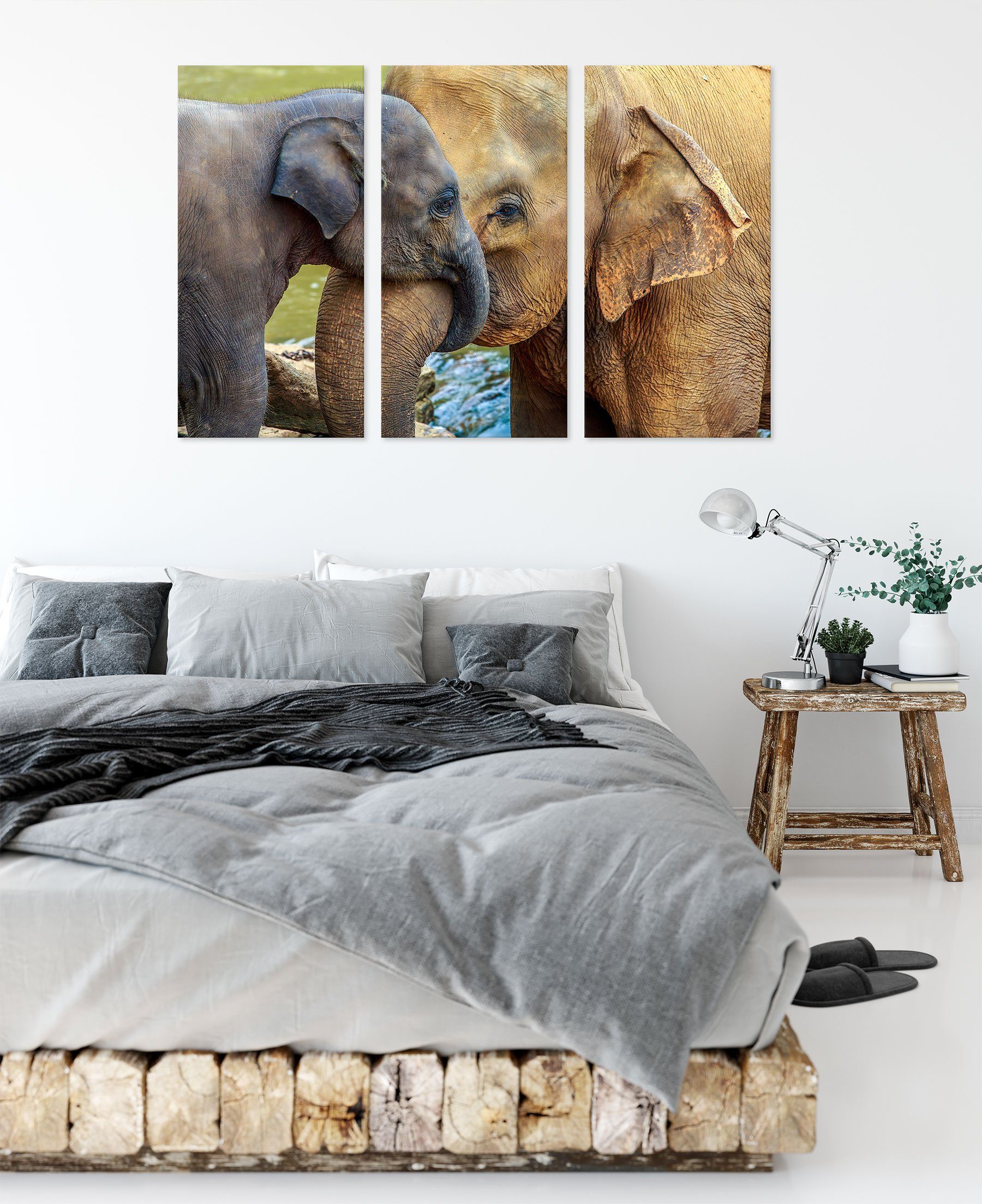 Elefantenmutter Kalb, fertig St), inkl. Zackenaufhänger Kalb Pixxprint (120x80cm) (1 mit bespannt, Leinwandbild 3Teiler Leinwandbild mit Elefantenmutter