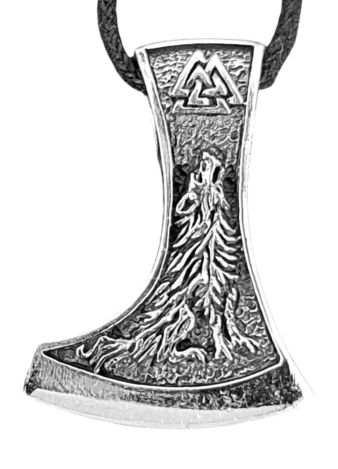 Kettenanhänger Axt Wikingeraxt Anhänger Silber Streitaxt Beil heulender Wolf Nr.428