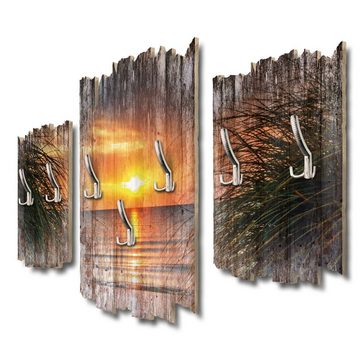 Kreative Feder Wandgarderobe Sonnenuntergang Meer, Dreiteilige Wandgarderobe, Holz, Wandbild, Wanddeko, Garderobe, Kleiderhaken, Natur, Landschaft