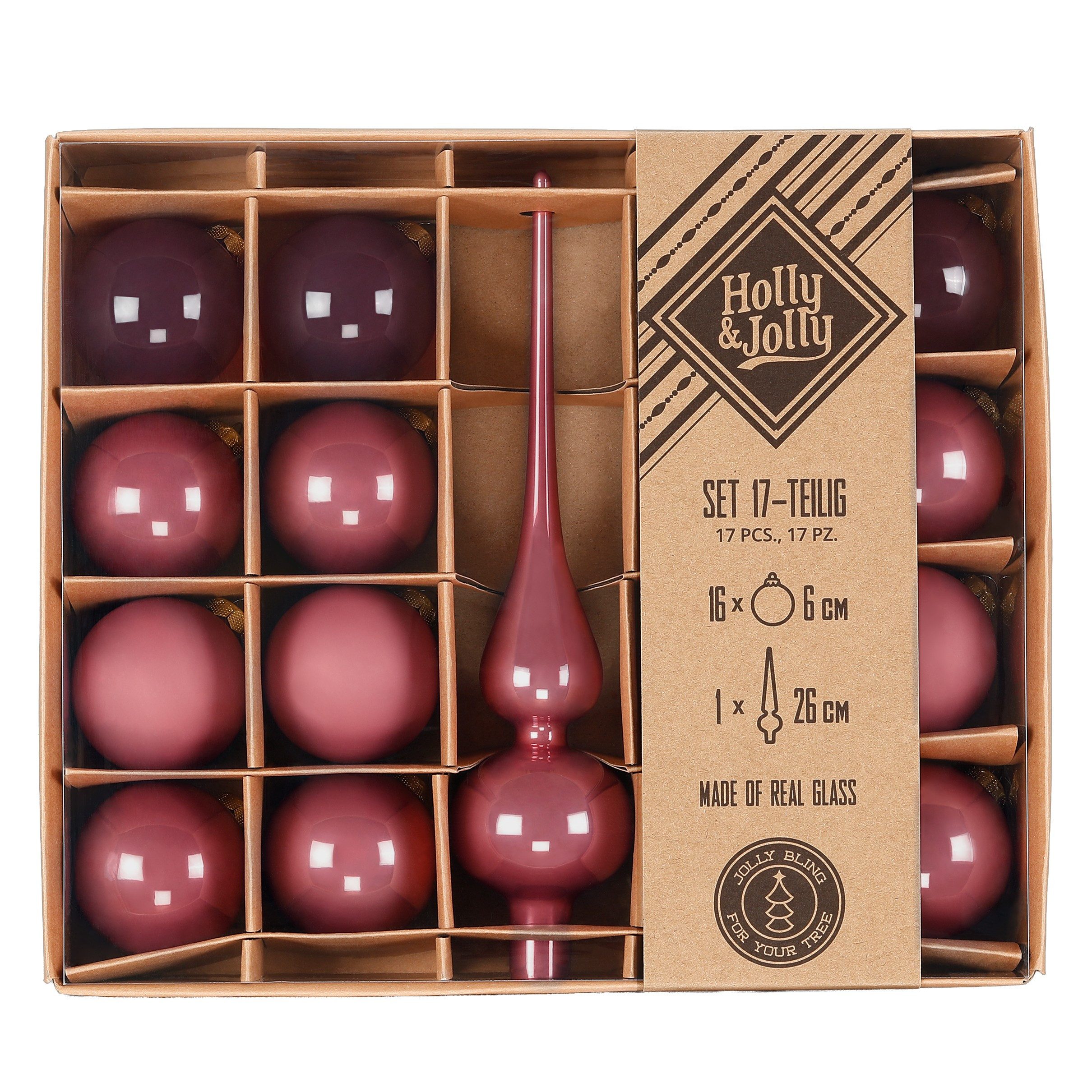 Holly & Jolly Weihnachtsbaumkugel, Weihnachtskugeln Glas 6cm 17 Stück mit Spitze - Dusty Rose Flow