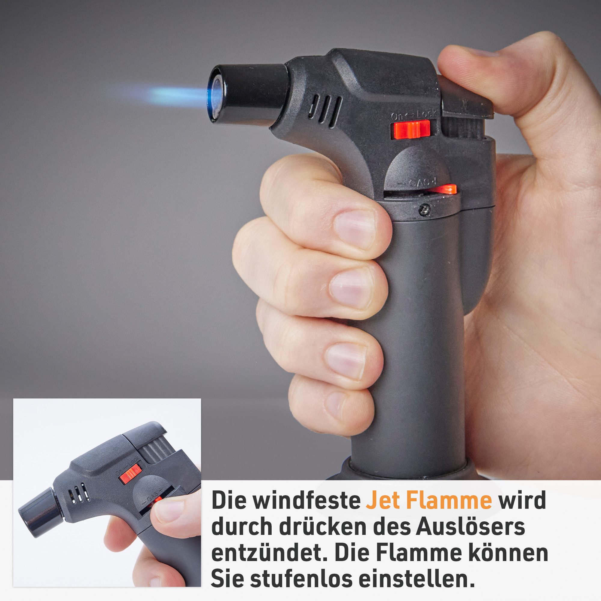 TOM Flambierbrenner Gasbrenner mit 100ml Nachfüllflasche, (2-tlg), Piezo-Zündung, 1300°C, Butan/Propan Gas – Bild 4 von 5