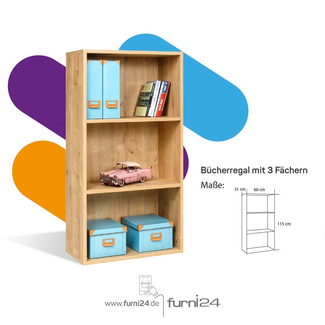 Furni24 Bücherregal Breites Fächern, Eiche cm 60x31x115 3 mit Bücherregal Saphir Dekor