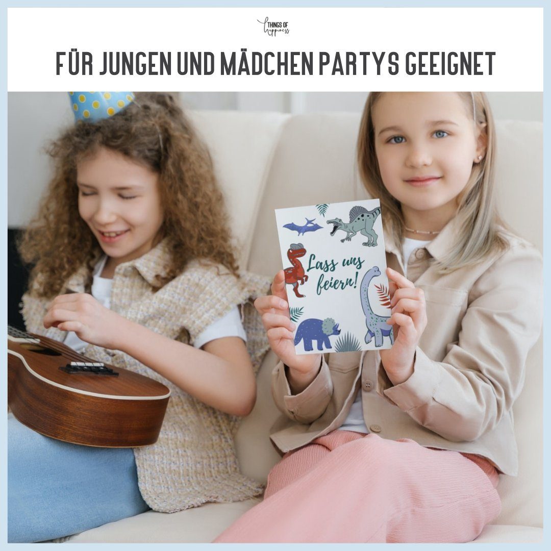 Things of Happiness Einladungskarten 10 Kindergeburtstag Einladungen inkl. Umschläge Tiere Feuerwehr, Dinosaurier Safari Reh Dschungel – Bild 4 von 5