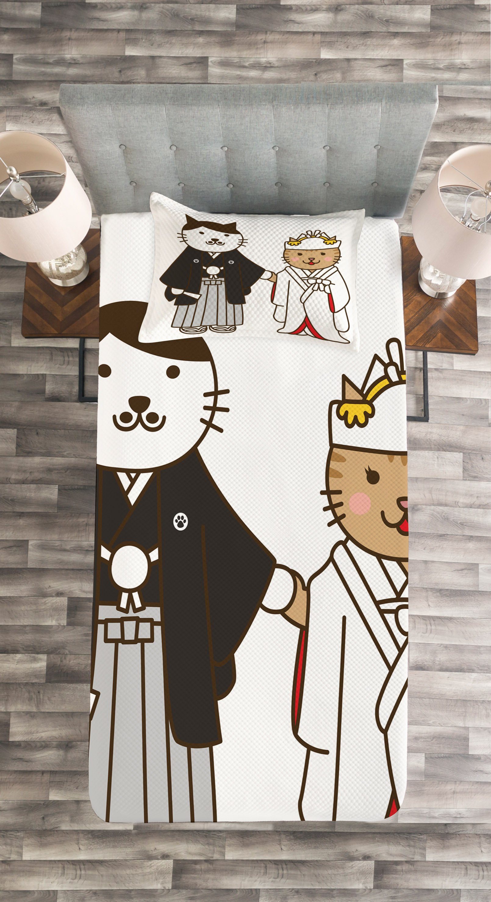 Tagesdecke Set mit Kissenbezügen Waschbar, Bräutigam Abakuhaus, Braut Katze Katzen und japanische