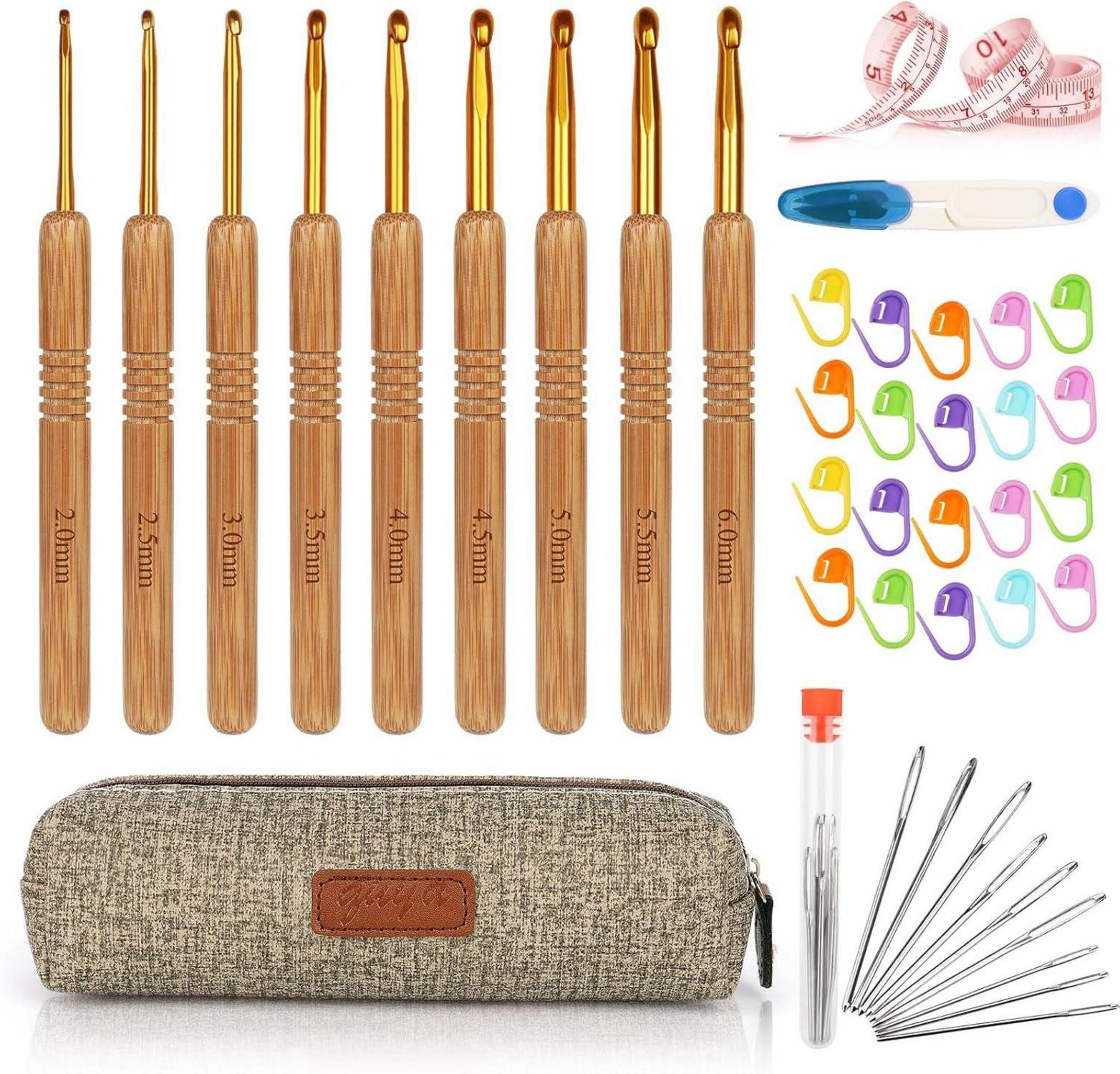 Häkelnadeln Häkelnadel Set Bambus Holzgriff 9 PCS 2,0 - 6,0 mm Anfänger Arthritis