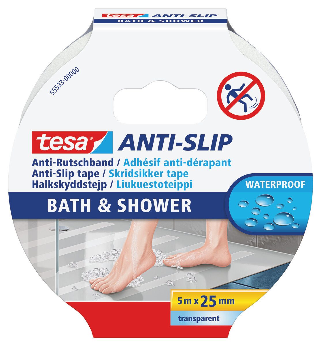 tesa Verlegeband ANTI-SLIP Economy Gewebeband (Packung, 1-St) Anti-Rutsch Klebeband - für Bad & Dusche - transparent - 5 m : 25 mm