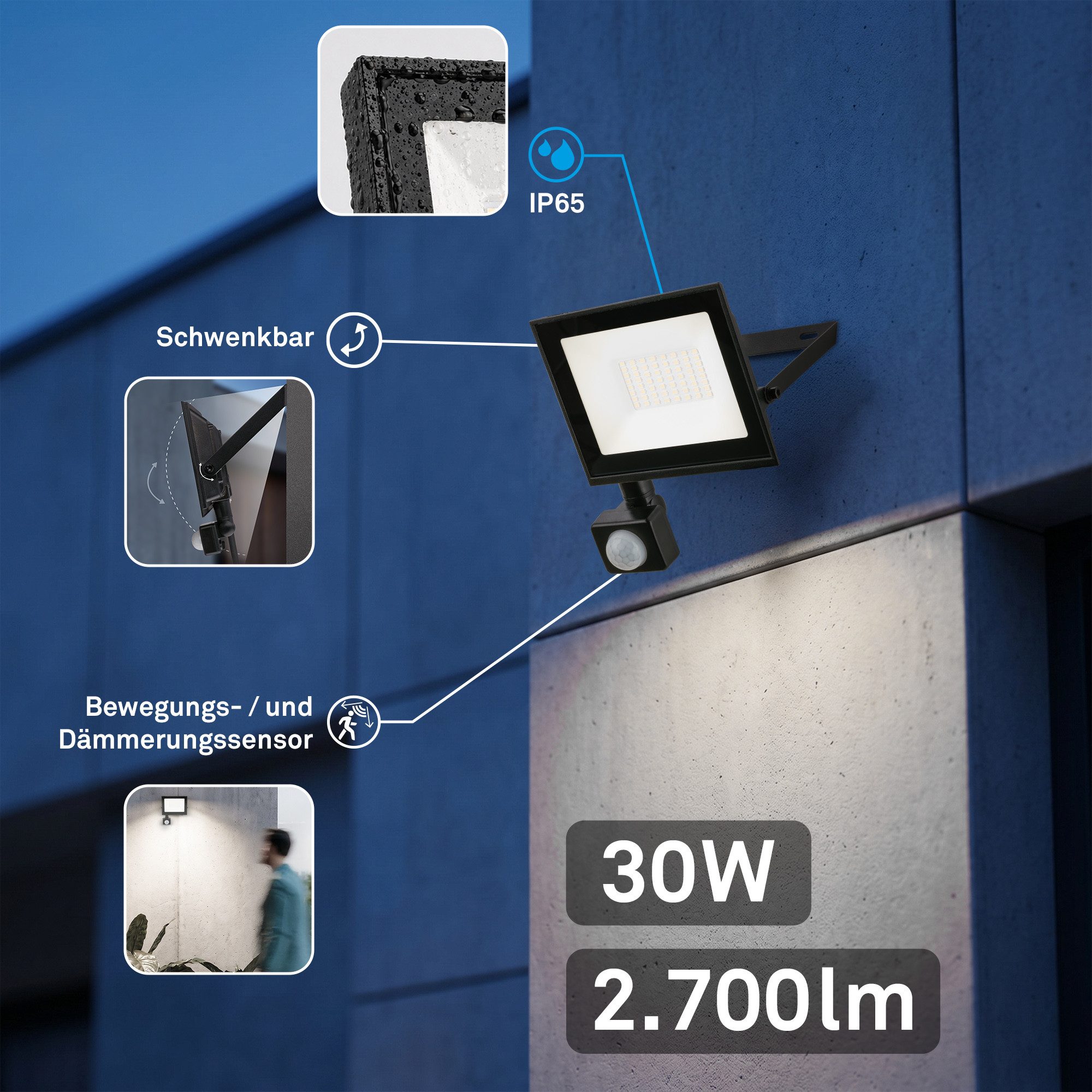 Briloner Leuchten Flutlichtstrahler LED Wandleuchte Außen Bewegungsmelder Wandstrahler Garten Eingang, mit Bewegungsmelder, LED fest integriert, 4000K - Neutralweiß, Garage, Garten, Auffahrt, Hauseingang