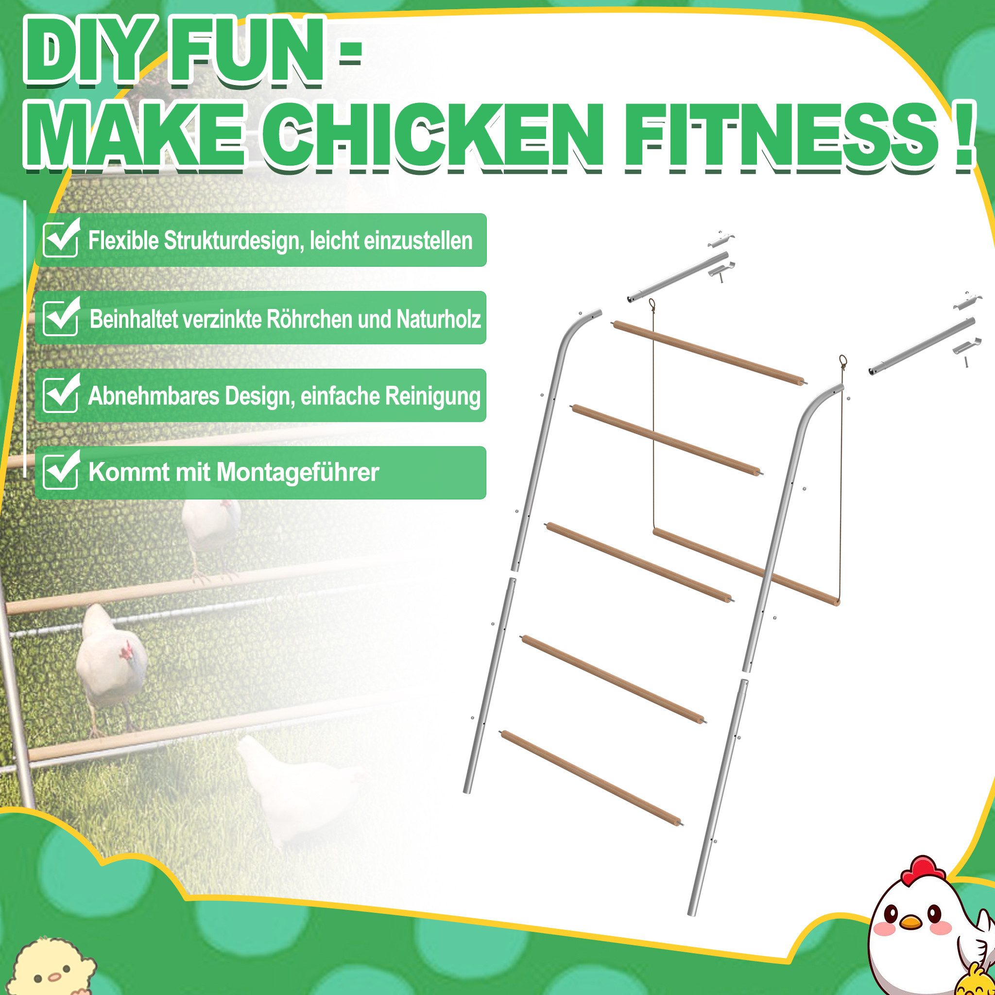 FIVMEN Hühnerstall Hühnerleiter 4 Ebenen Große Sitzstange für Hühner, 136x105cm